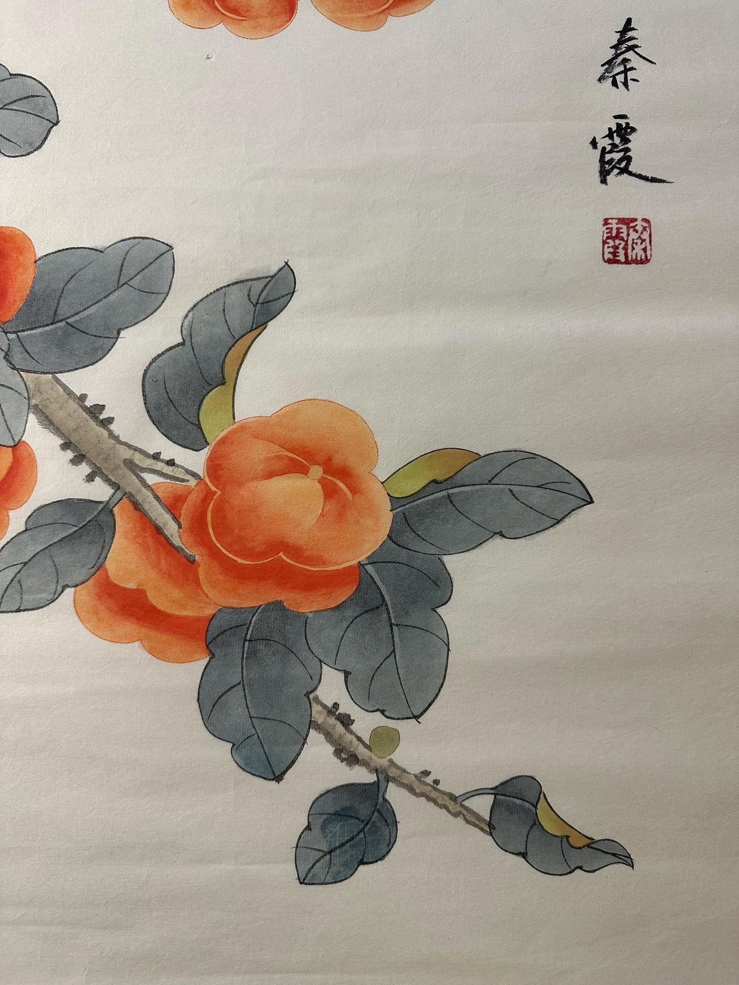 Original Chinese Gongbi Painting Persimmons & Birds Hand Painted Asian Wall Art 26 Inches