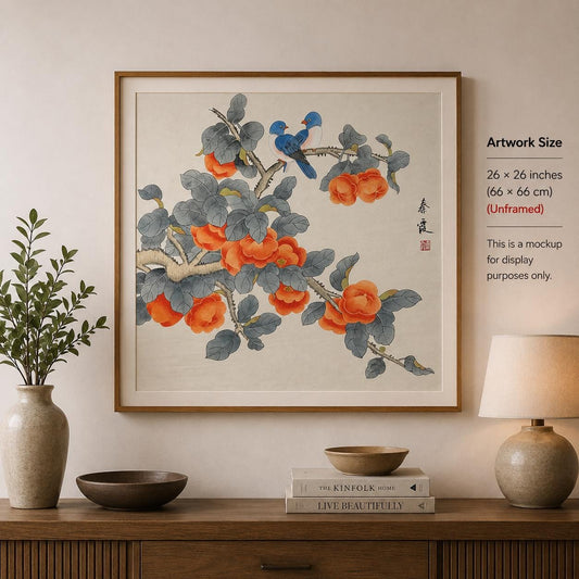 Original Chinese Gongbi Painting Persimmons & Birds Hand Painted Asian Wall Art 26 Inches