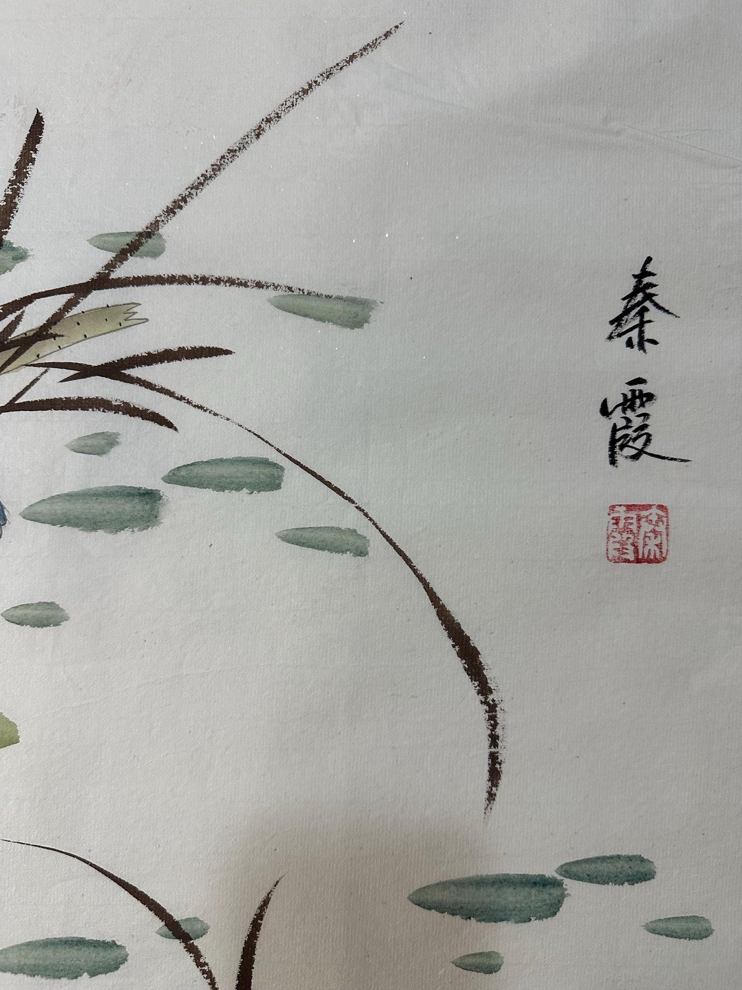 Original Chinese Gongbi Painting Two Birds and Lotus Flowers Hand Painted Asian Wall Art 26 Inches