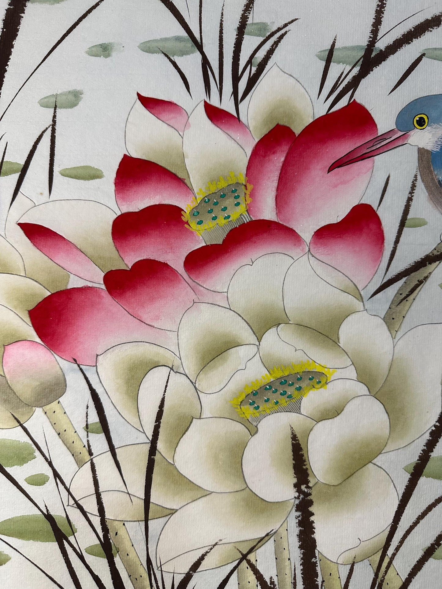 Original Chinese Gongbi Painting Two Birds and Lotus Flowers Hand Painted Asian Wall Art 26 Inches