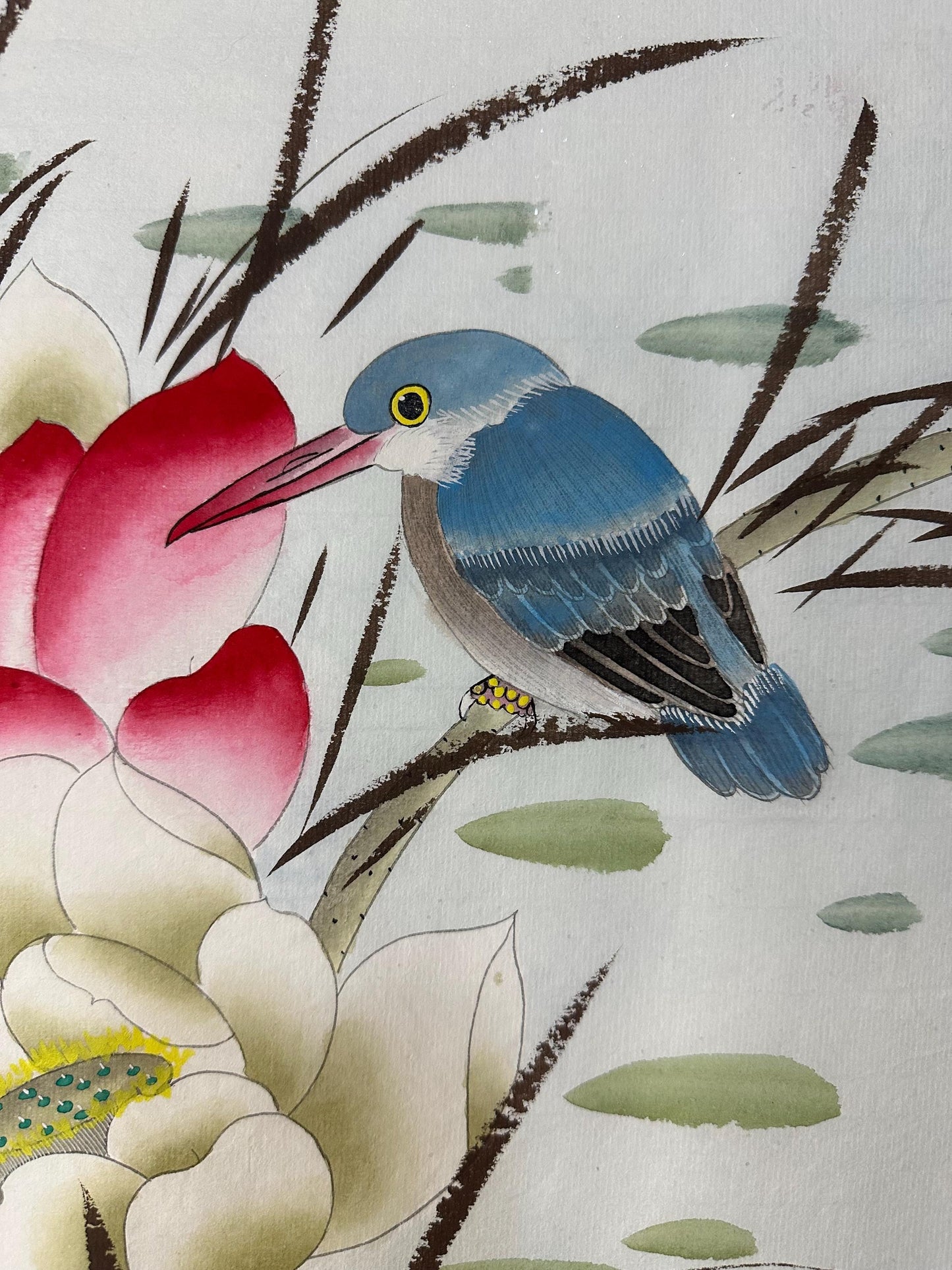 Original Chinese Gongbi Painting Two Birds and Lotus Flowers Hand Painted Asian Wall Art 26 Inches