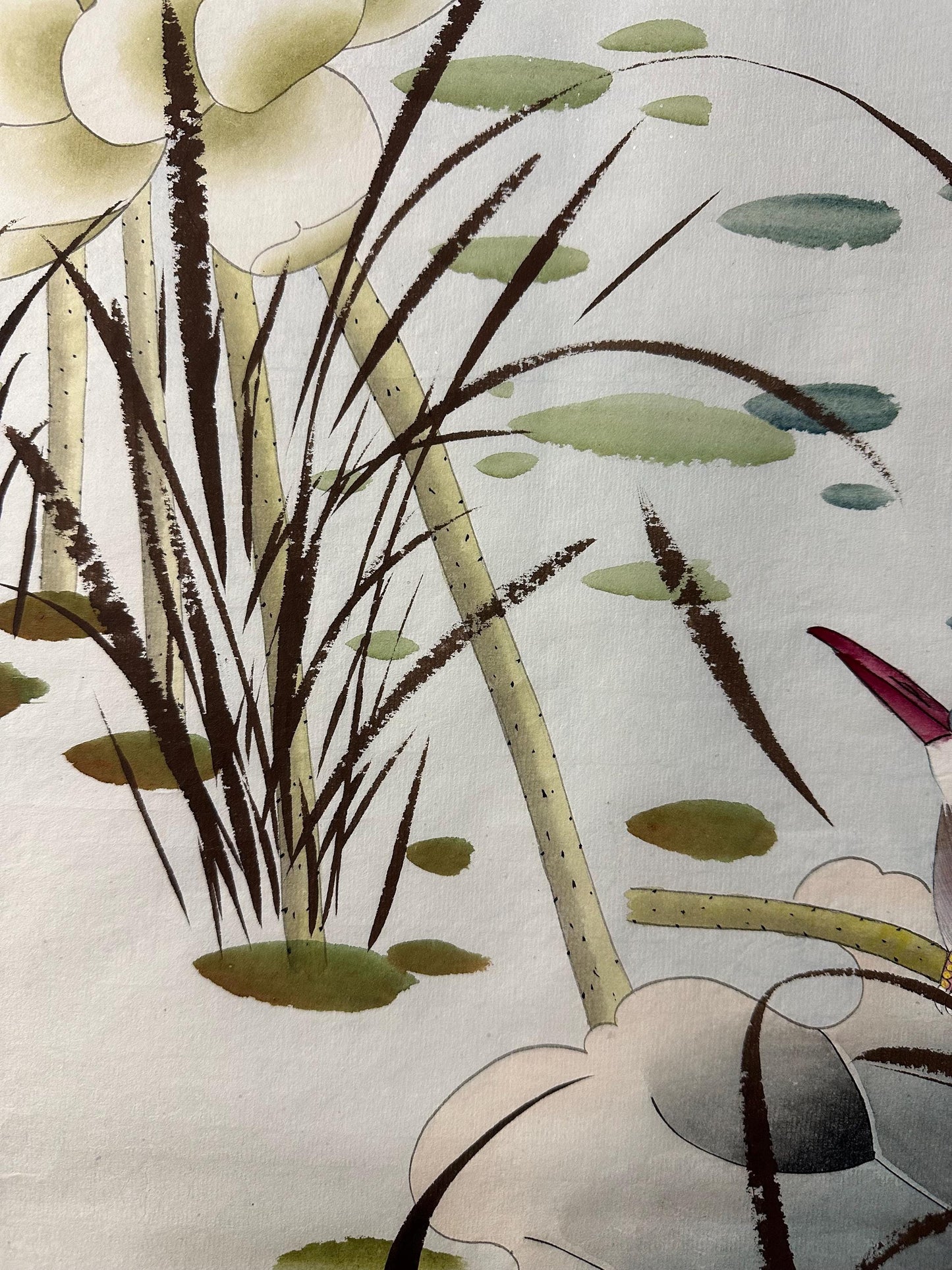 Original Chinese Gongbi Painting Two Birds and Lotus Flowers Hand Painted Asian Wall Art 26 Inches