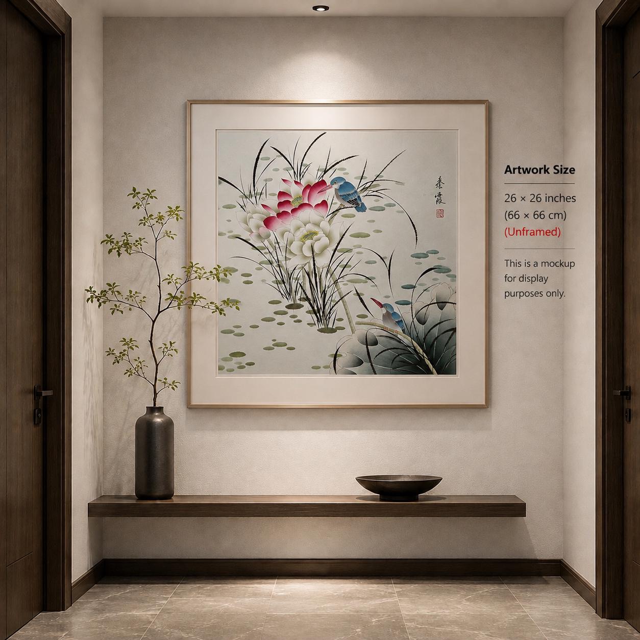 Original Chinese Gongbi Painting Two Birds and Lotus Flowers Hand Painted Asian Wall Art 26 Inches