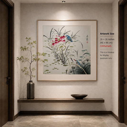 Original Chinese Gongbi Painting Two Birds and Lotus Flowers Hand Painted Asian Wall Art 26 Inches