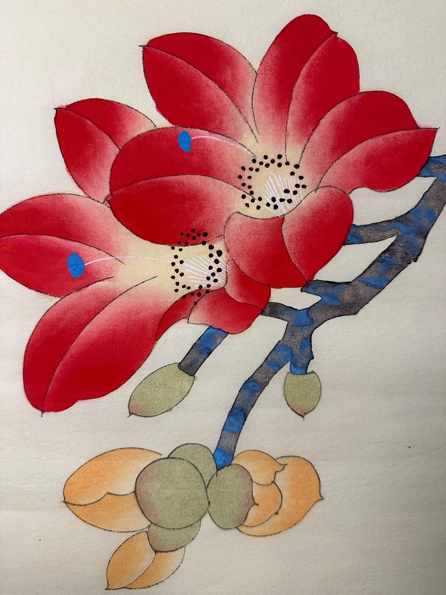Original Chinese Gongbi Painting Pair of Birds and Red Blossoms Hand Painted Asian Wall Art 26 Inches