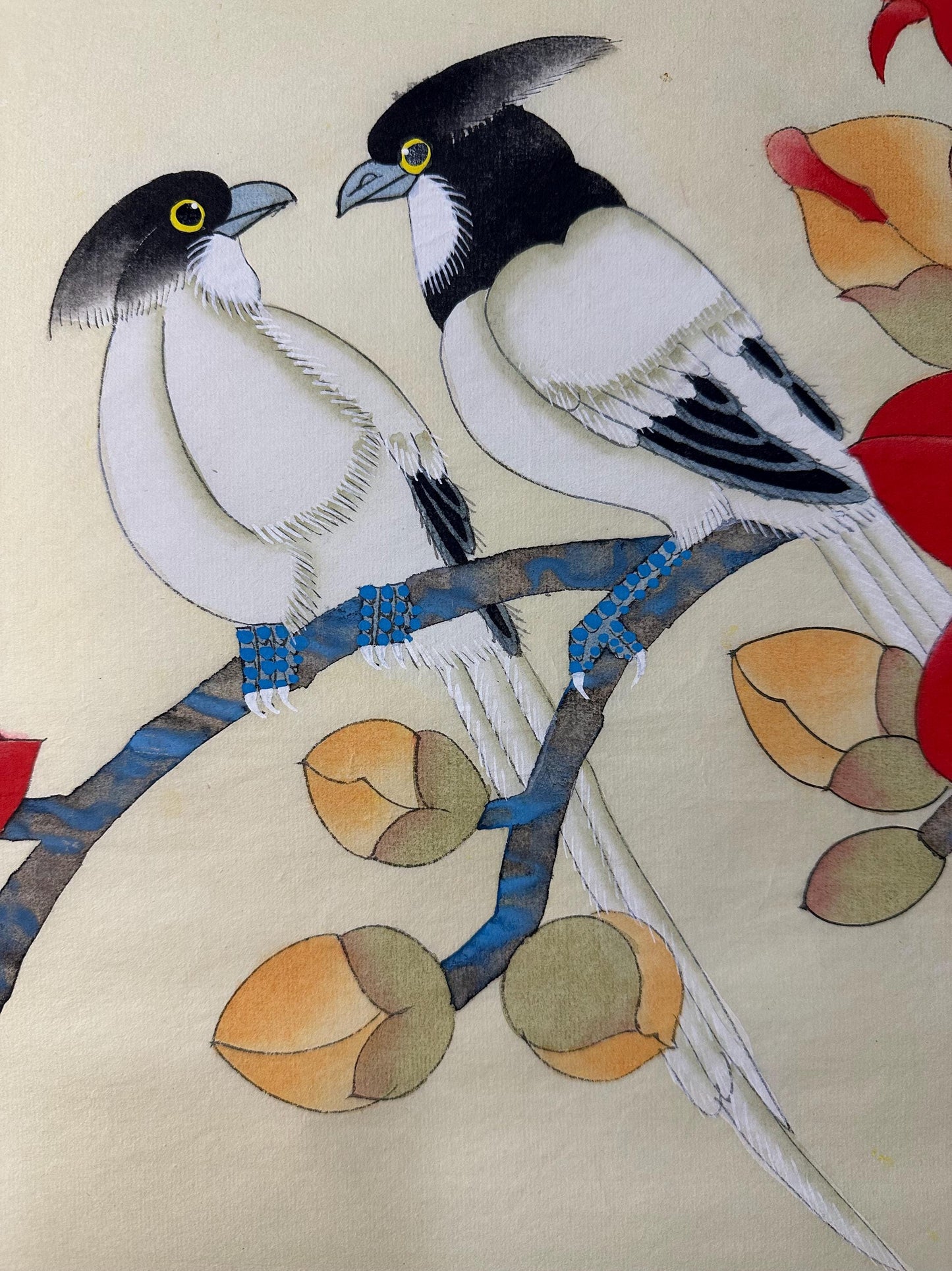 Original Chinese Gongbi Painting Pair of Birds and Red Blossoms Hand Painted Asian Wall Art 26 Inches