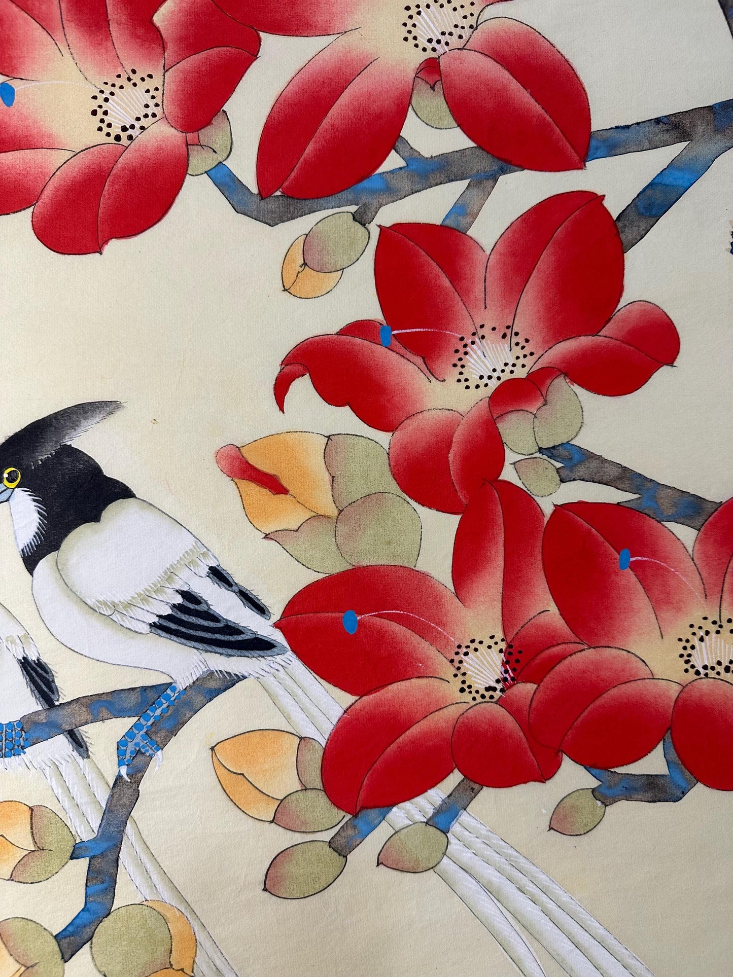 Original Chinese Gongbi Painting Pair of Birds and Red Blossoms Hand Painted Asian Wall Art 26 Inches