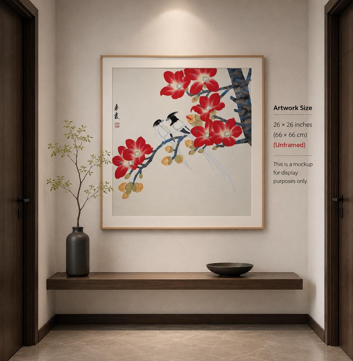 Original Chinese Gongbi Painting Pair of Birds and Red Blossoms Hand Painted Asian Wall Art 26 Inches