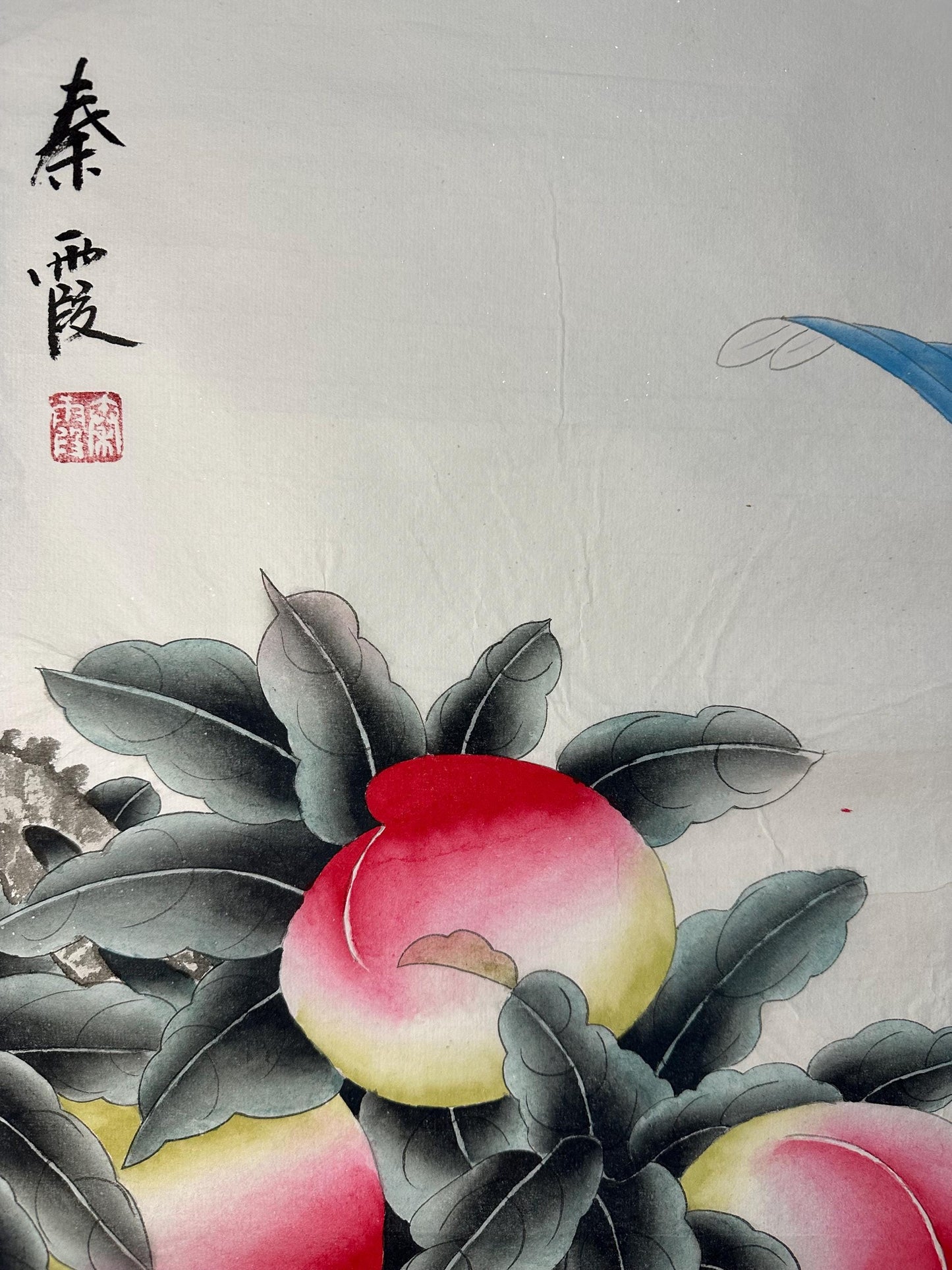 Original Chinese Gongbi Peach Painting with Two Birds, Hand Painted Chinese Art, 26 × 26 Inch
