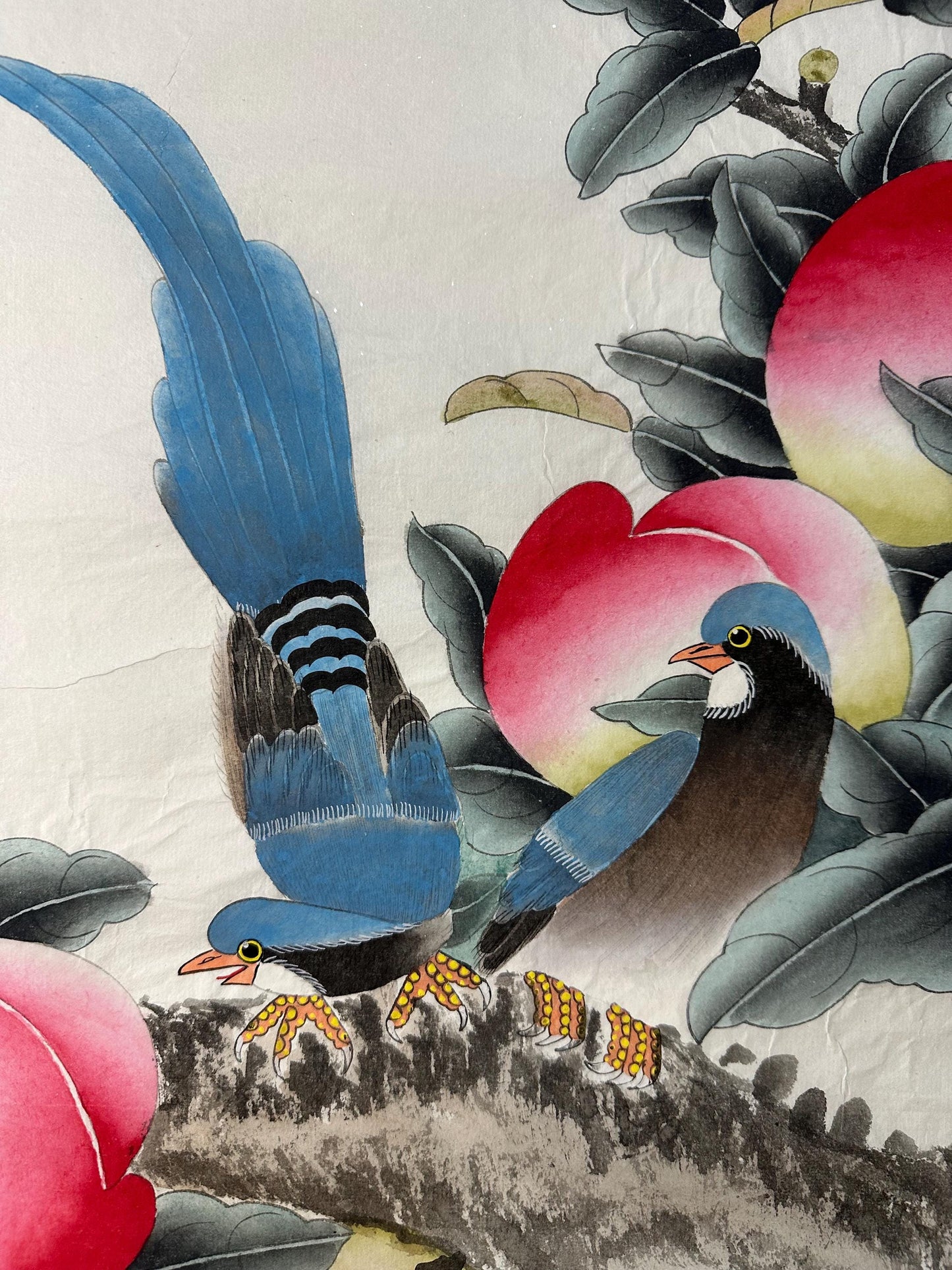 Original Chinese Gongbi Peach Painting with Two Birds, Hand Painted Chinese Art, 26 × 26 Inch