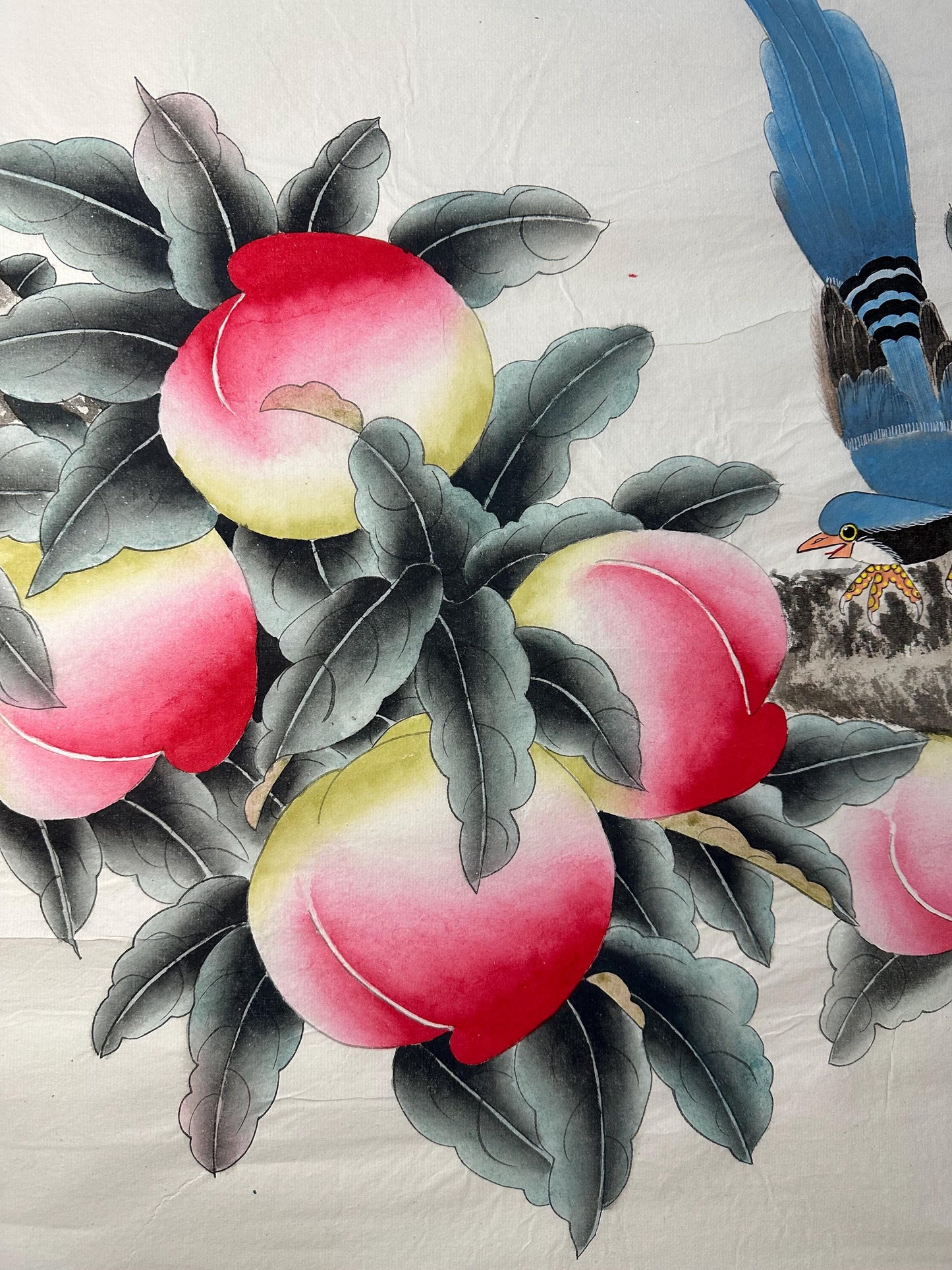 Original Chinese Gongbi Peach Painting with Two Birds, Hand Painted Chinese Art, 26 × 26 Inch