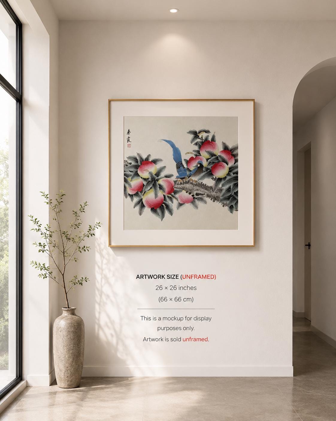 Original Chinese Gongbi Peach Painting with Two Birds, Hand Painted Chinese Art, 26 × 26 Inch