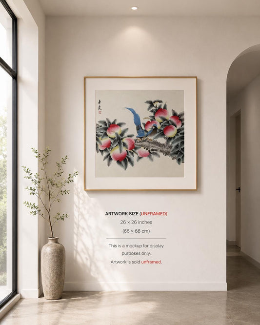 Original Chinese Gongbi Peach Painting with Two Birds, Hand Painted Chinese Art, 26 × 26 Inch