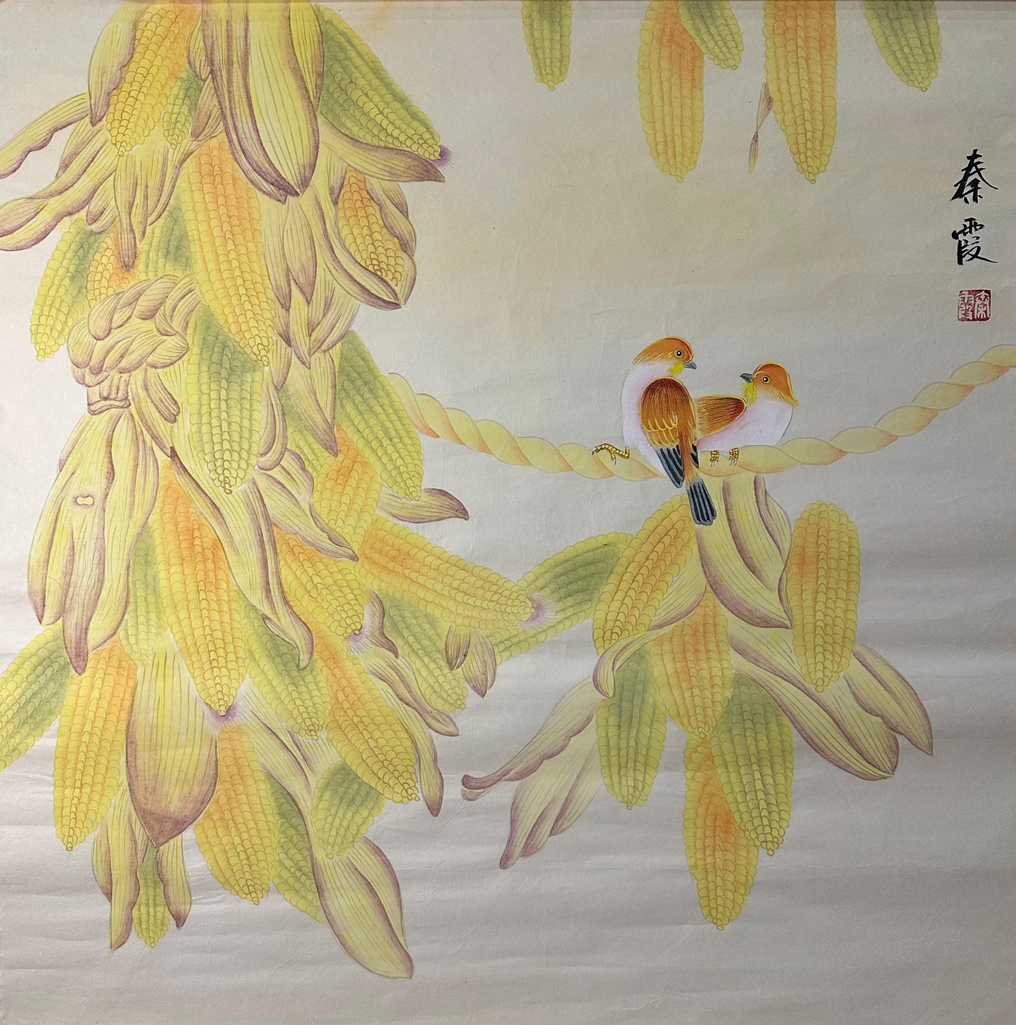 Original Chinese Gongbi Painting – Golden Corn & Pair of Birds, Traditional Fine Art on Rice Paper, 26x26 Inch
