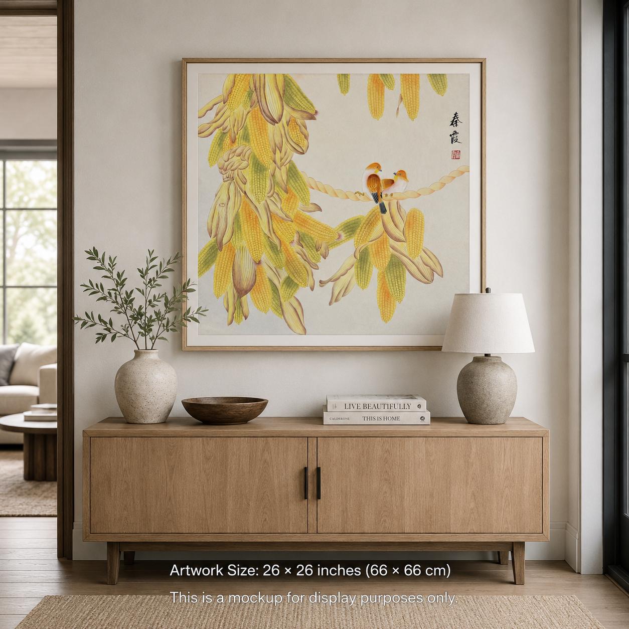 Original Chinese Gongbi Painting – Golden Corn & Pair of Birds, Traditional Fine Art on Rice Paper, 26x26 Inch