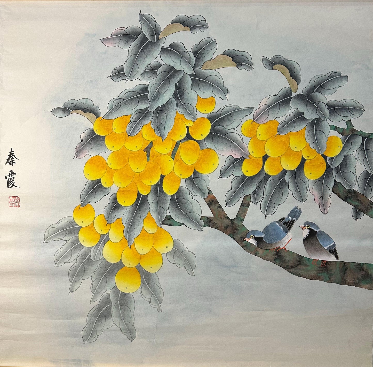 Original Chinese Gongbi Painting – Golden Loquat & Pair of Birds, Traditional Fine Art on Rice Paper, 26x26 Inch