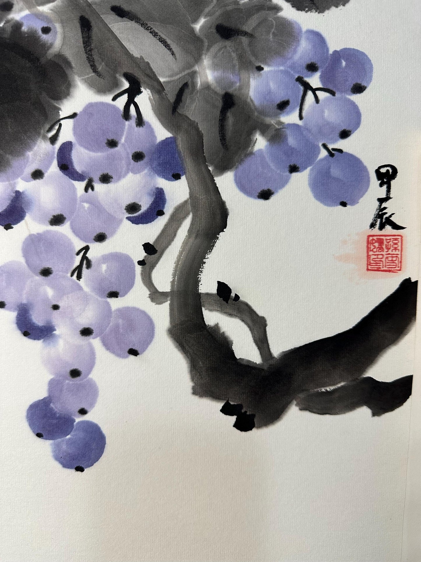 Original Chinese Ink Painting 13x18 Inch, Grapes and Bird Art, Hand Painted Chinese Wall Art, Traditional Ink Wash Painting