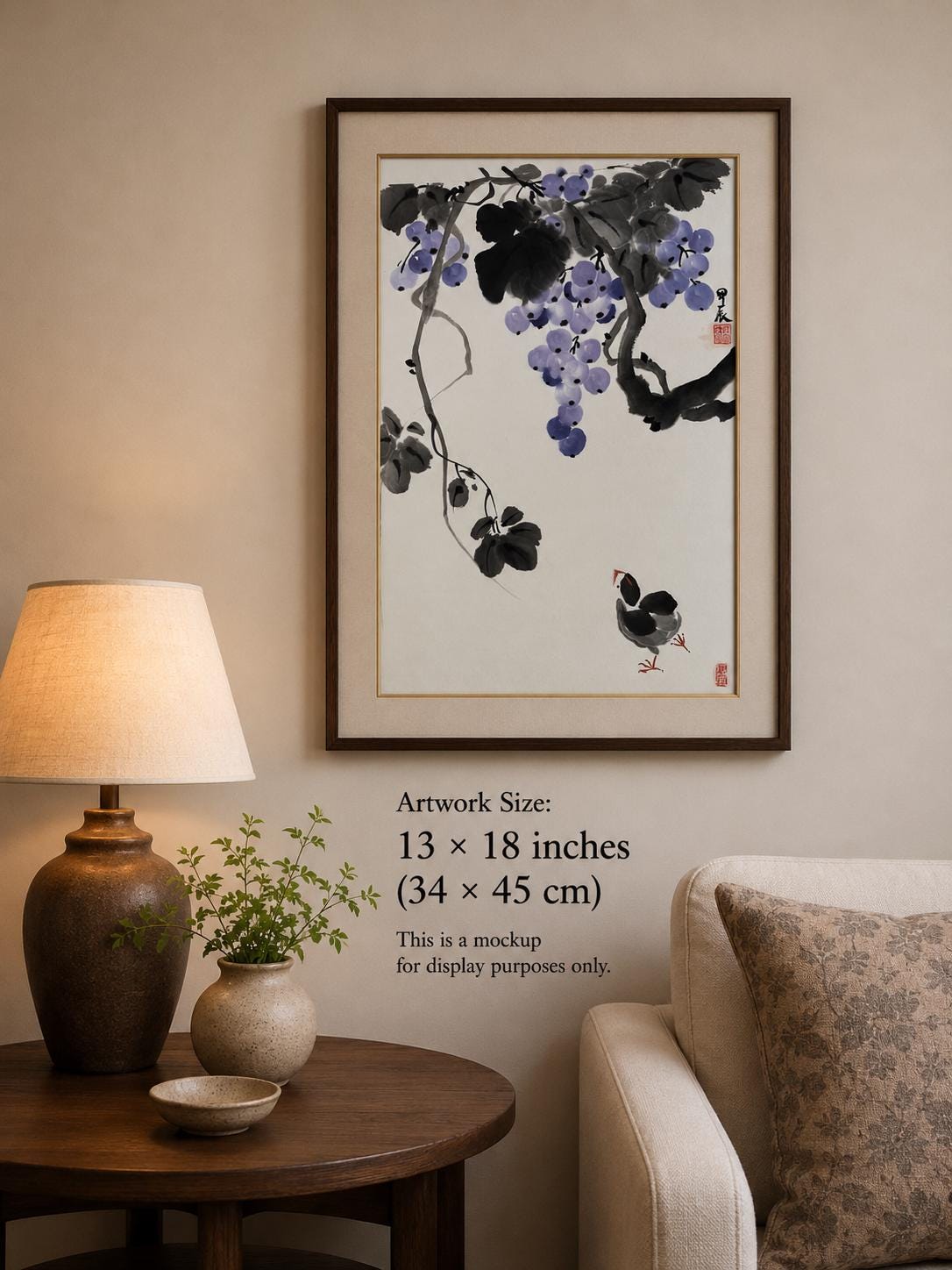 Original Chinese Ink Painting 13x18 Inch, Grapes and Bird Art, Hand Painted Chinese Wall Art, Traditional Ink Wash Painting