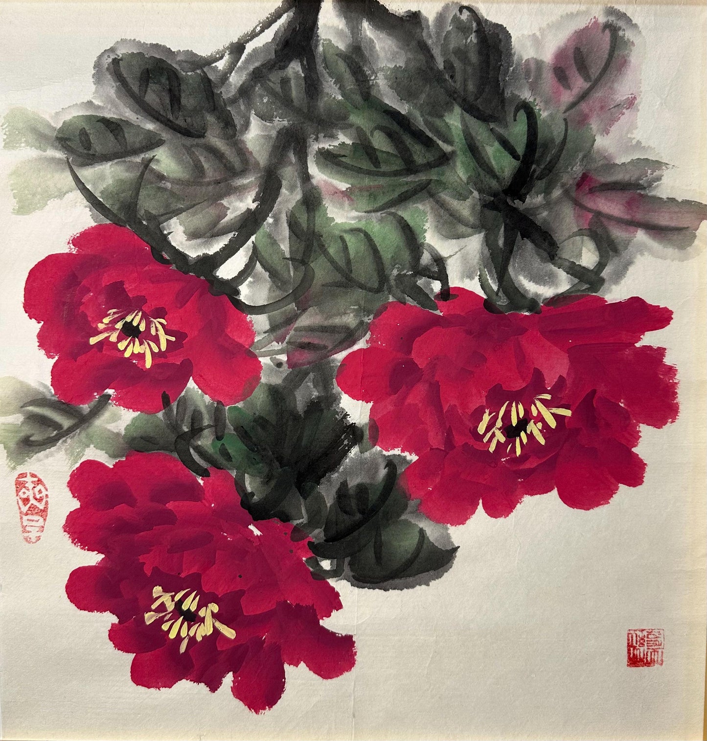 Original Chinese Peony Painting 13x13 Inch, Red Peony Ink Art, Hand Painted Chinese Wall Art, Traditional Floral Painting