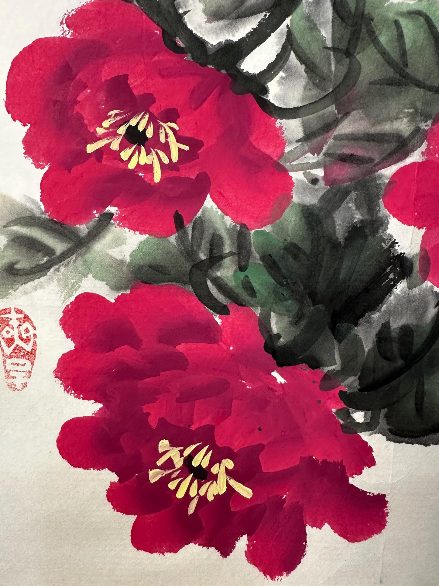Original Chinese Peony Painting 13x13 Inch, Red Peony Ink Art, Hand Painted Chinese Wall Art, Traditional Floral Painting