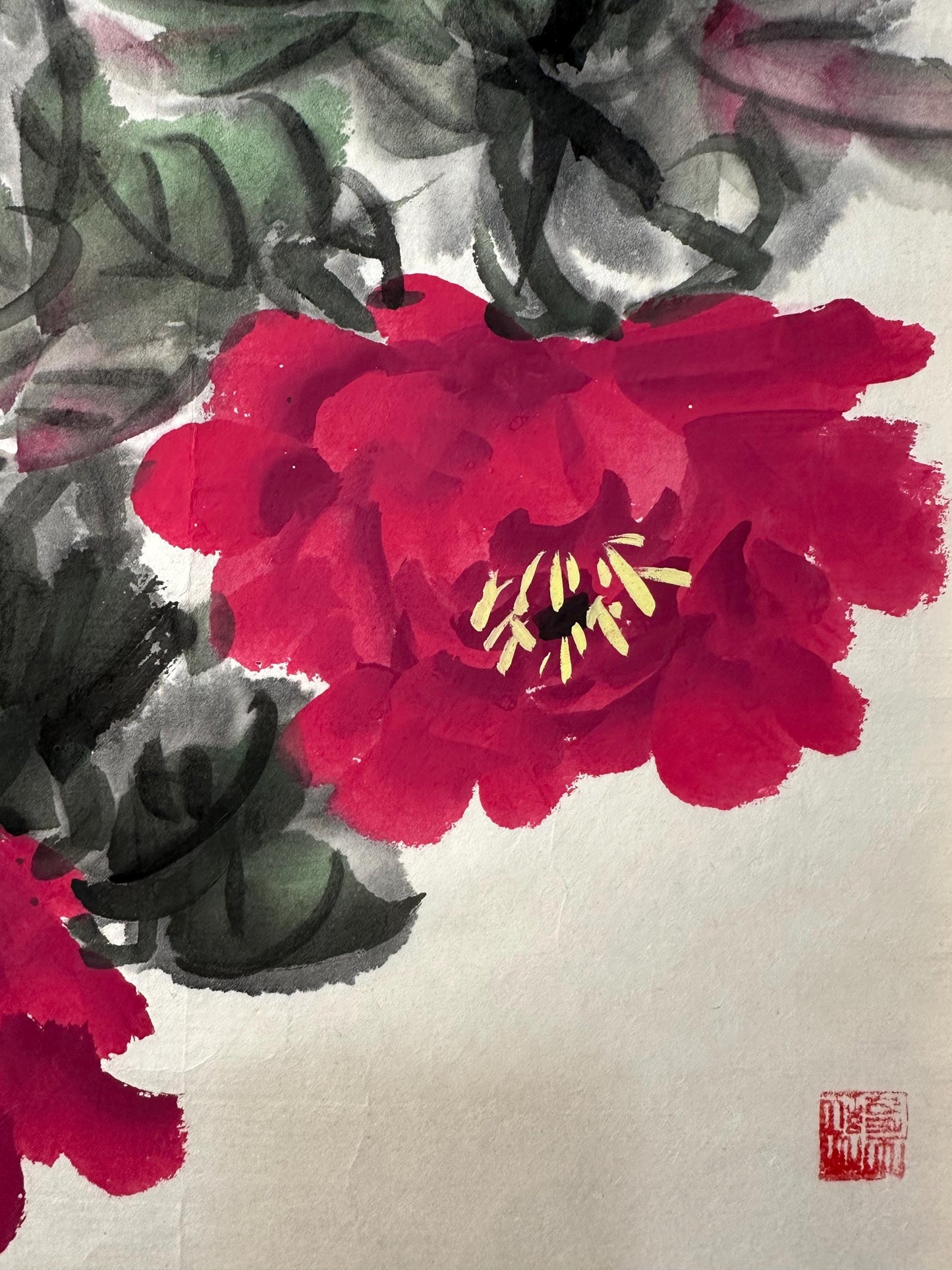 Original Chinese Peony Painting 13x13 Inch, Red Peony Ink Art, Hand Painted Chinese Wall Art, Traditional Floral Painting
