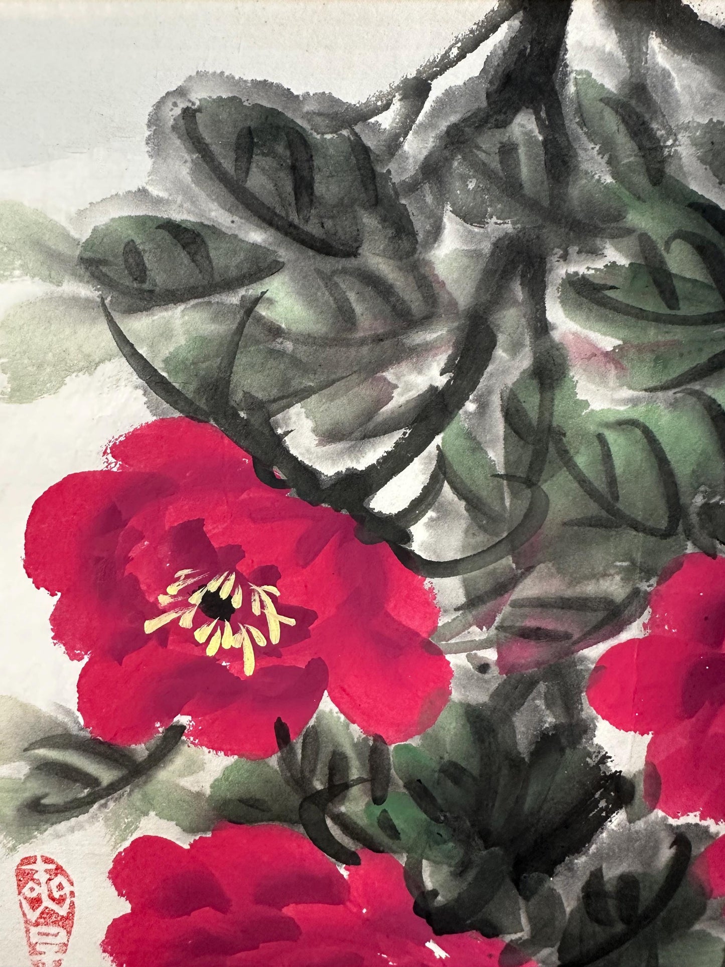 Original Chinese Peony Painting 13x13 Inch, Red Peony Ink Art, Hand Painted Chinese Wall Art, Traditional Floral Painting