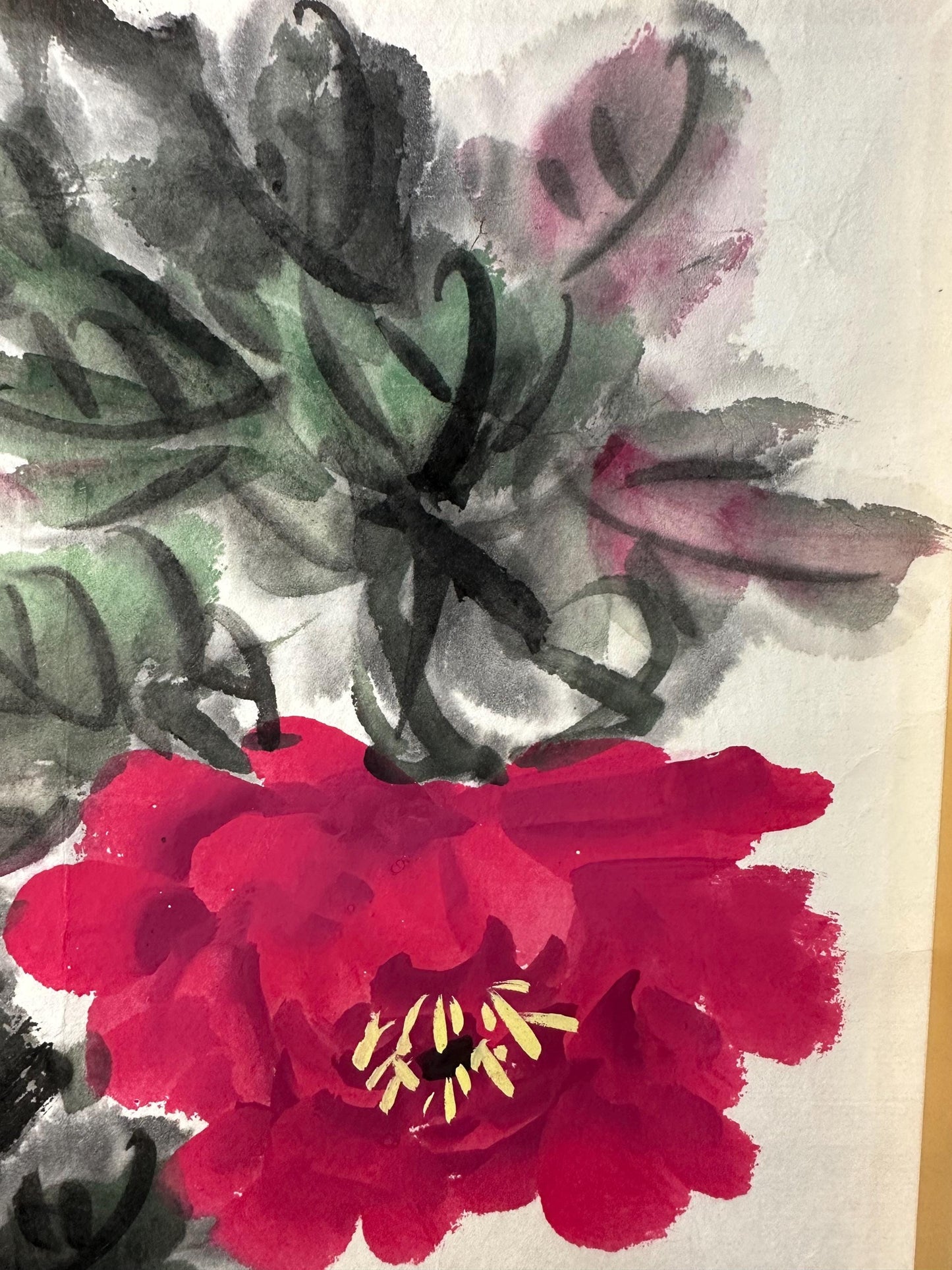 Original Chinese Peony Painting 13x13 Inch, Red Peony Ink Art, Hand Painted Chinese Wall Art, Traditional Floral Painting