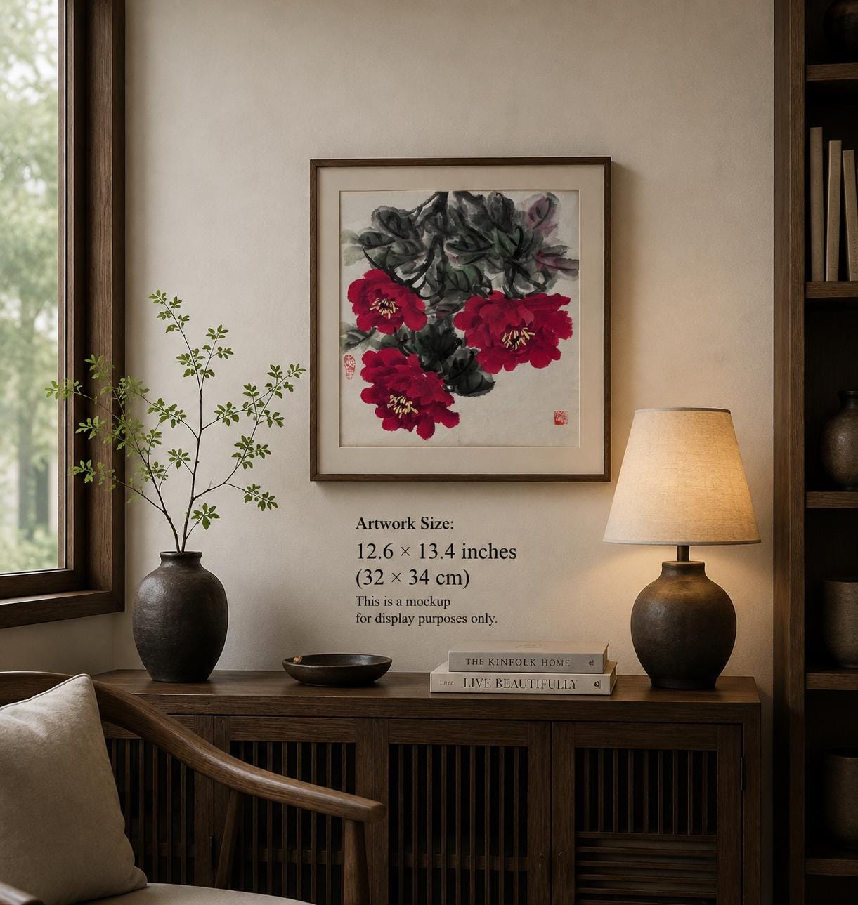 Original Chinese Peony Painting 13x13 Inch, Red Peony Ink Art, Hand Painted Chinese Wall Art, Traditional Floral Painting
