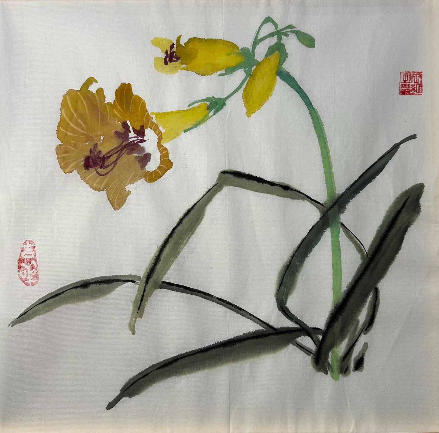 Original Chinese Daylily Painting 13x13 Inch, Yellow Flower Ink Art, Hand Painted Chinese Wall Art, Traditional Floral Painting