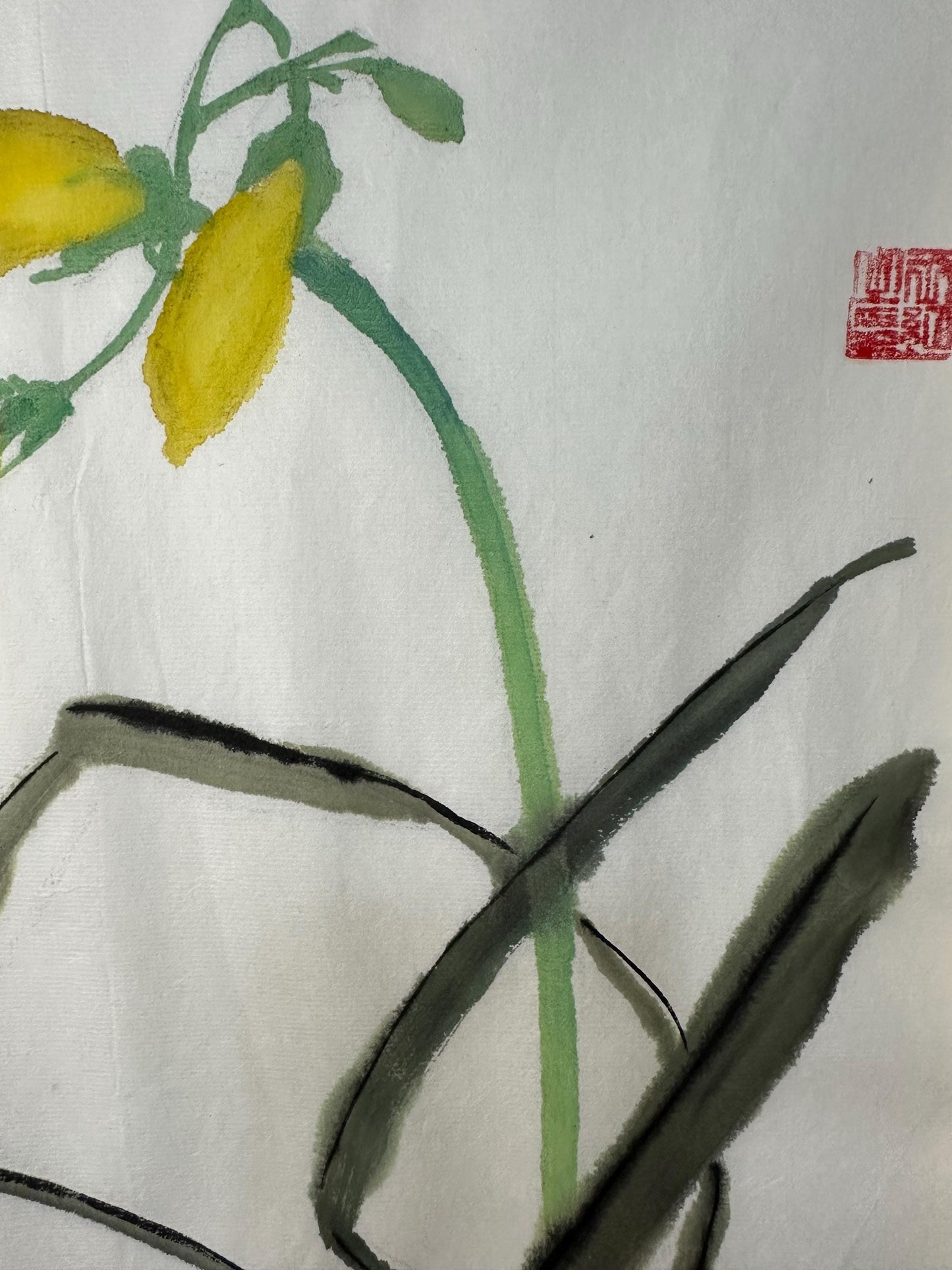 Original Chinese Daylily Painting 13x13 Inch, Yellow Flower Ink Art, Hand Painted Chinese Wall Art, Traditional Floral Painting