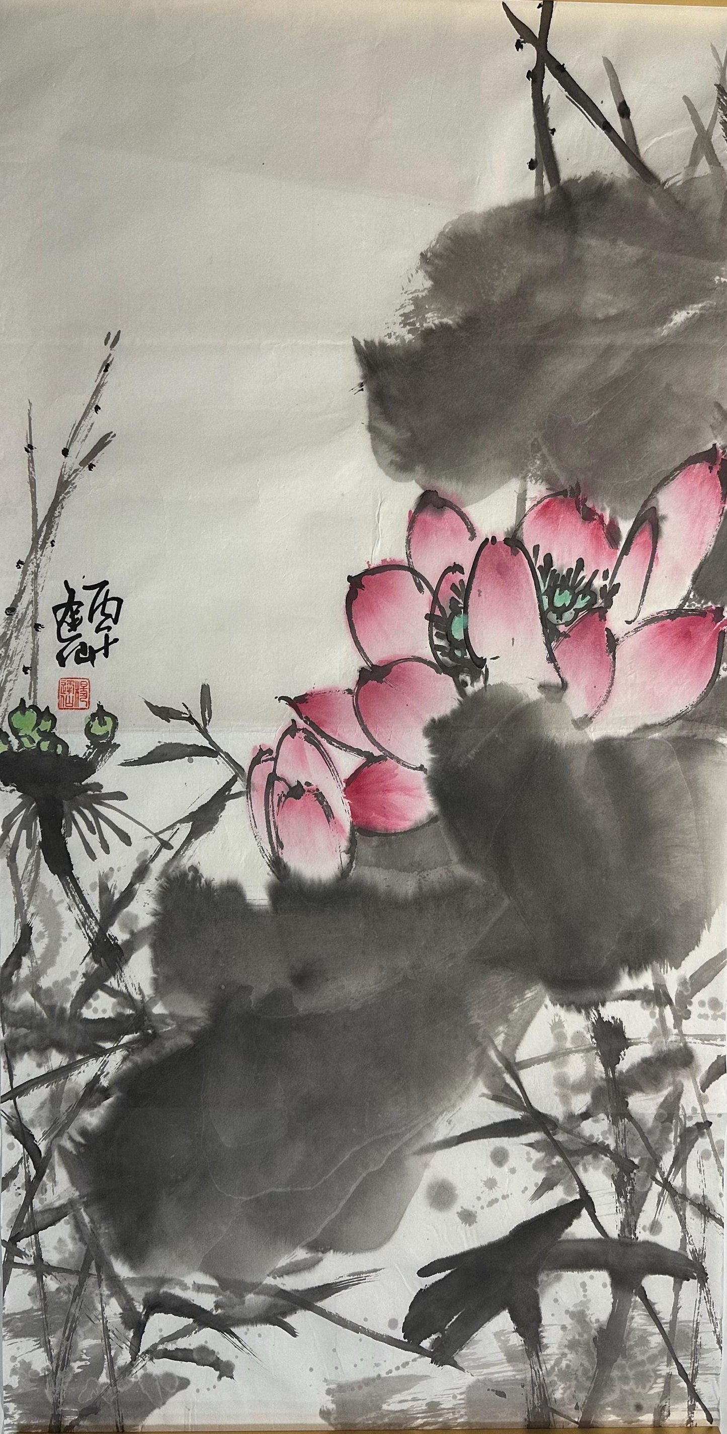 Original Chinese Lotus Painting 14x27 Inch, Pink Lotus Ink Art, Hand Painted Chinese Wall Art, Traditional Floral Painting