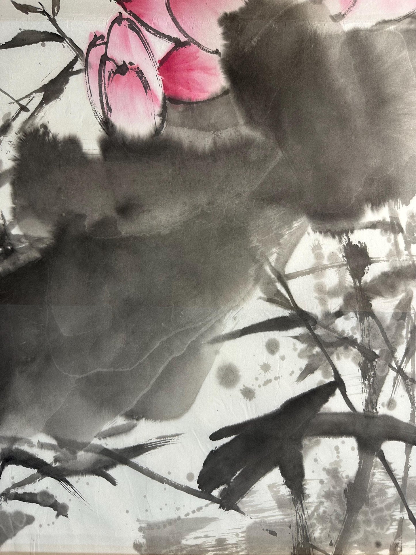 Original Chinese Lotus Painting 14x27 Inch, Pink Lotus Ink Art, Hand Painted Chinese Wall Art, Traditional Floral Painting