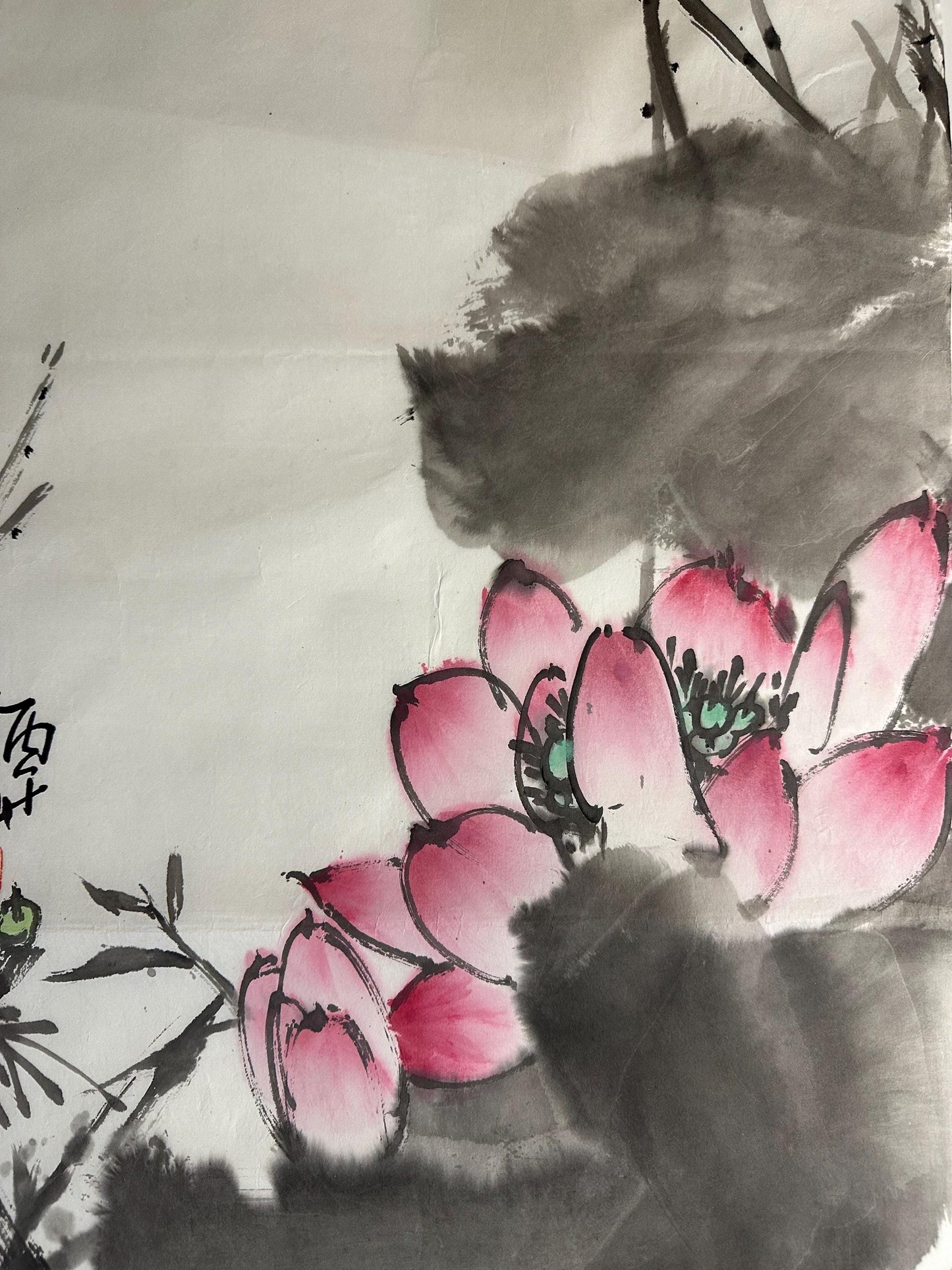 Original Chinese Lotus Painting 14x27 Inch, Pink Lotus Ink Art, Hand Painted Chinese Wall Art, Traditional Floral Painting
