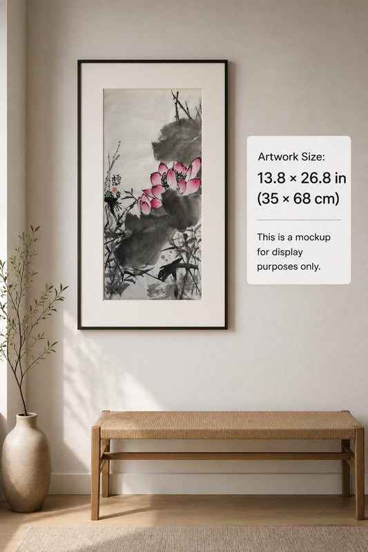 Original Chinese Lotus Painting 14x27 Inch, Pink Lotus Ink Art, Hand Painted Chinese Wall Art, Traditional Floral Painting
