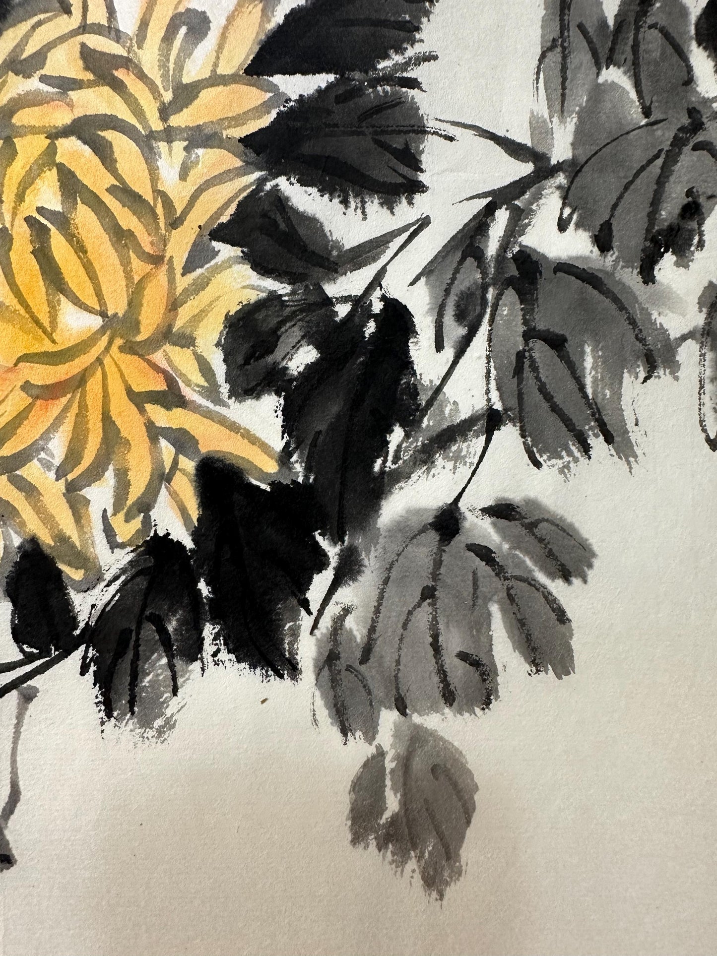 Original Chinese Chrysanthemum Painting 17x13 Inch, Yellow Chrysanthemum Ink Art, Hand Painted Chinese Wall Art, Traditional Floral Painting