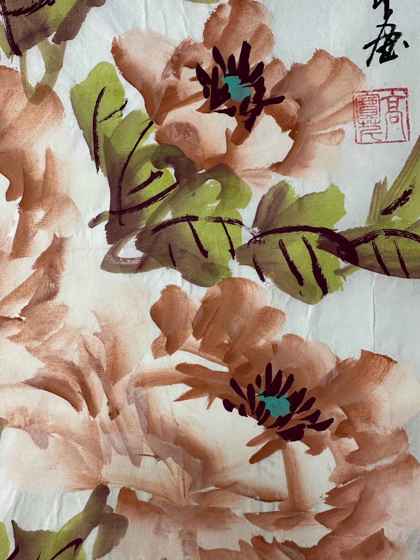 Original Chinese Peony Painting 14x27 Inch, Peach Peony Ink Art, Hand Painted Chinese Wall Art, Traditional Floral Painting