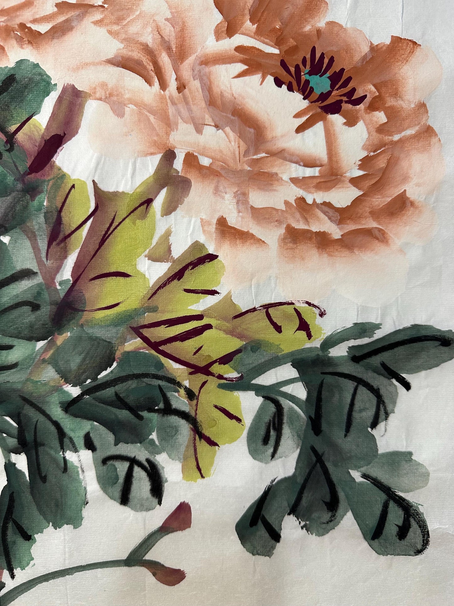 Original Chinese Peony Painting 14x27 Inch, Peach Peony Ink Art, Hand Painted Chinese Wall Art, Traditional Floral Painting
