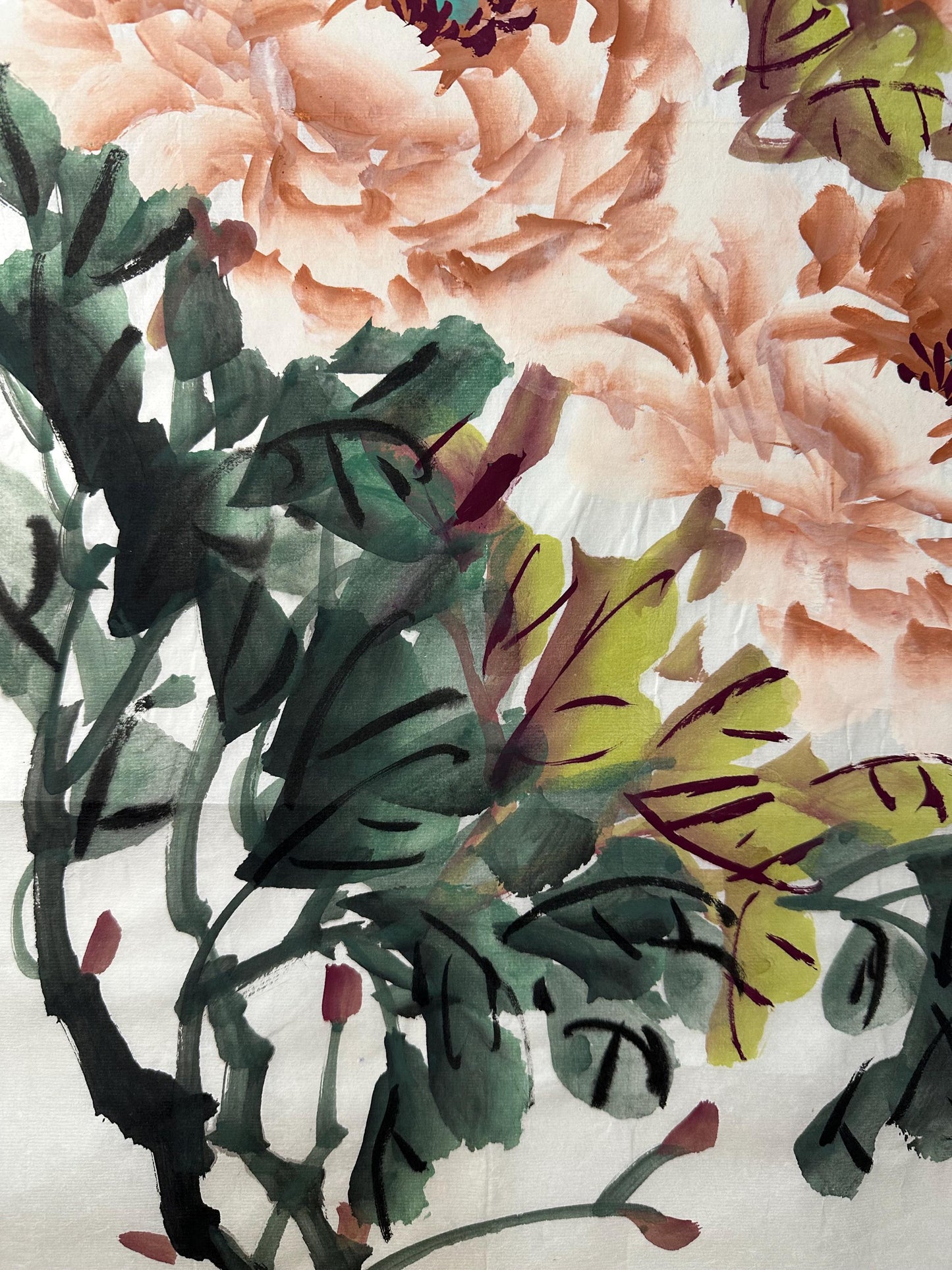 Original Chinese Peony Painting 14x27 Inch, Peach Peony Ink Art, Hand Painted Chinese Wall Art, Traditional Floral Painting