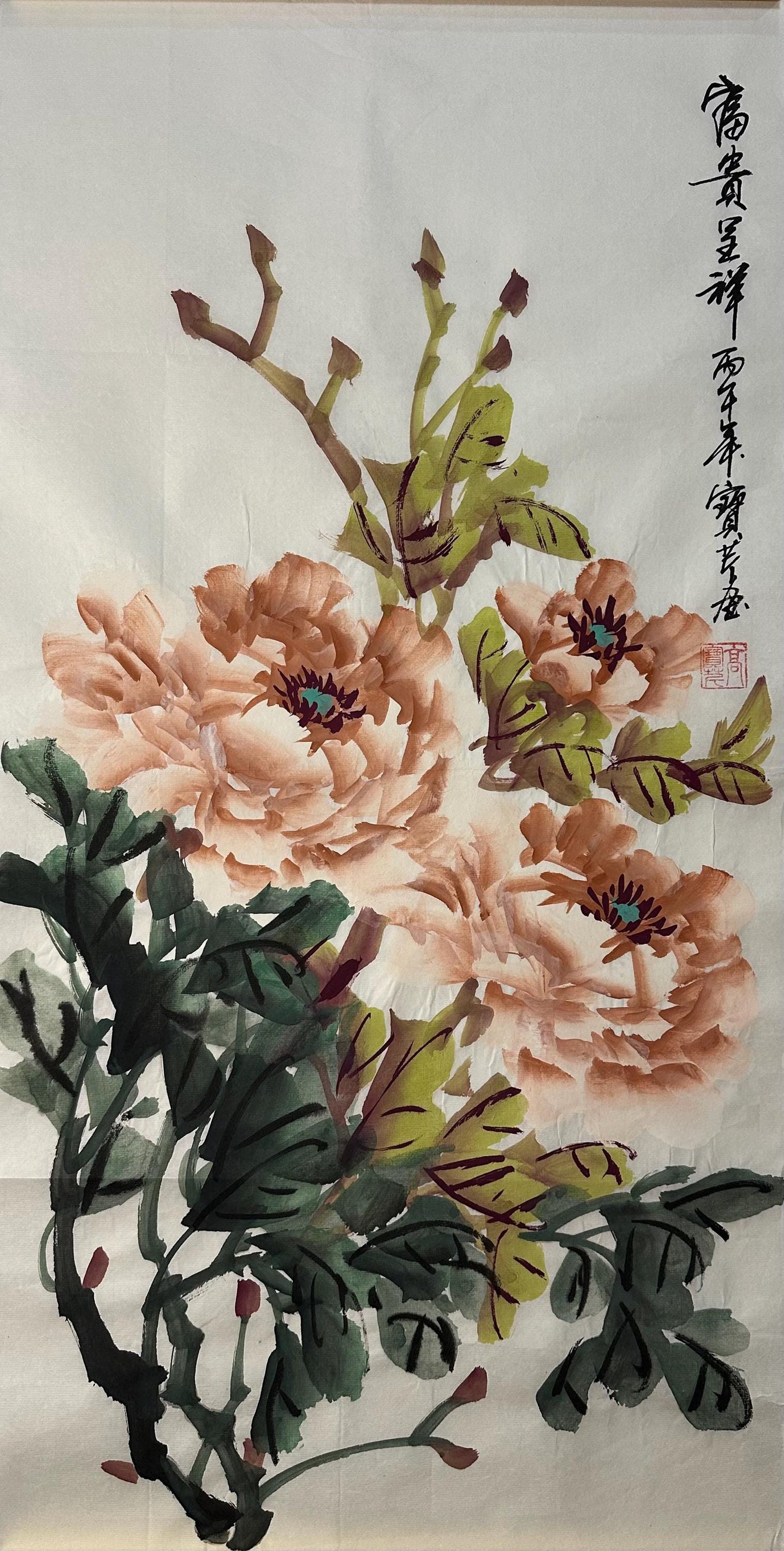 Original Chinese Peony Painting 14x27 Inch, Peach Peony Ink Art, Hand Painted Chinese Wall Art, Traditional Floral Painting