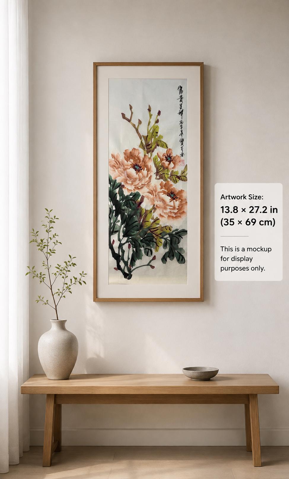 Original Chinese Peony Painting 14x27 Inch, Peach Peony Ink Art, Hand Painted Chinese Wall Art, Traditional Floral Painting