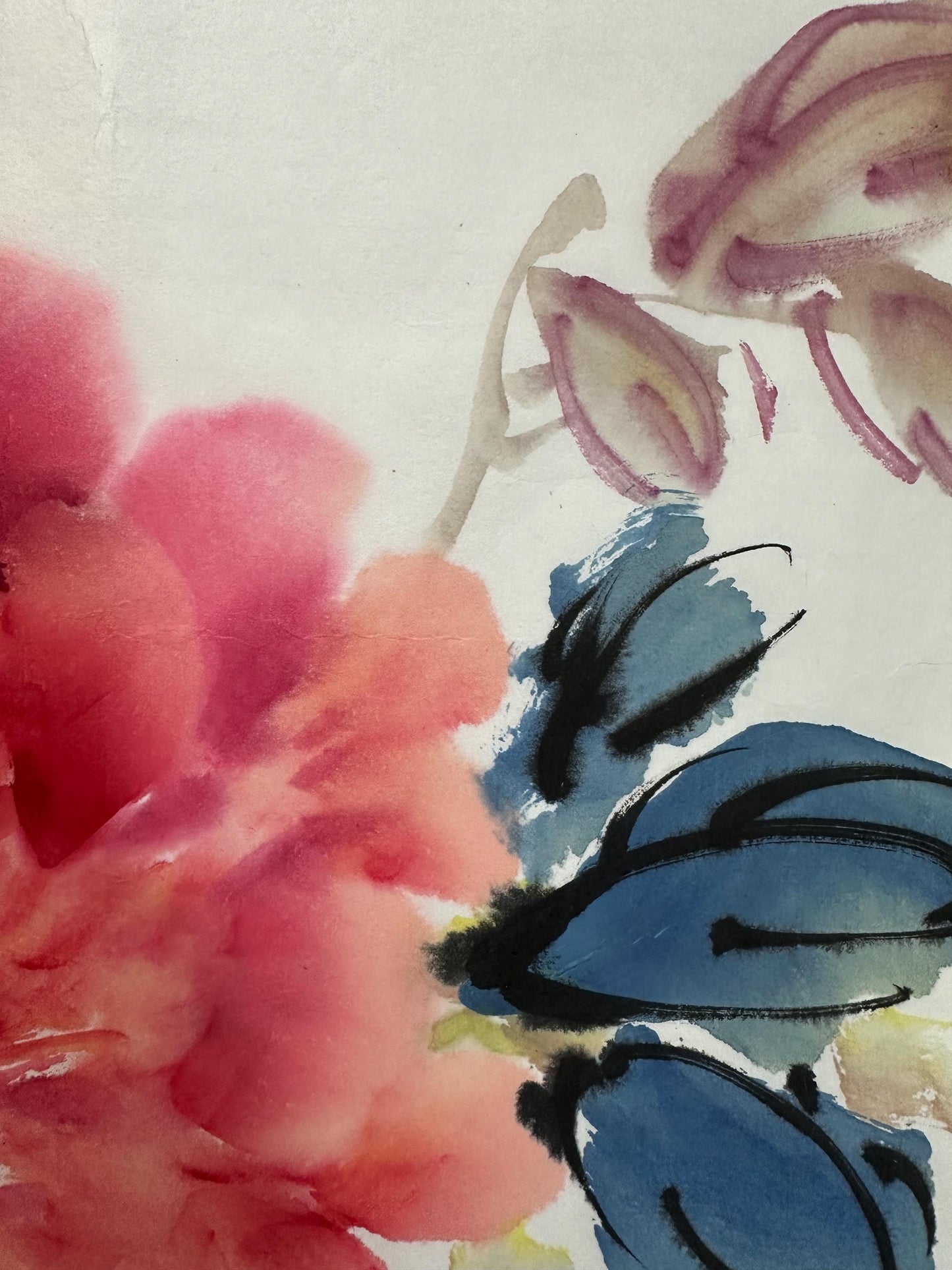 Original Chinese Peony Painting 27x13 Inch, Pink Red Peony Ink Art, Hand Painted Chinese Wall Art, Traditional Floral Painting