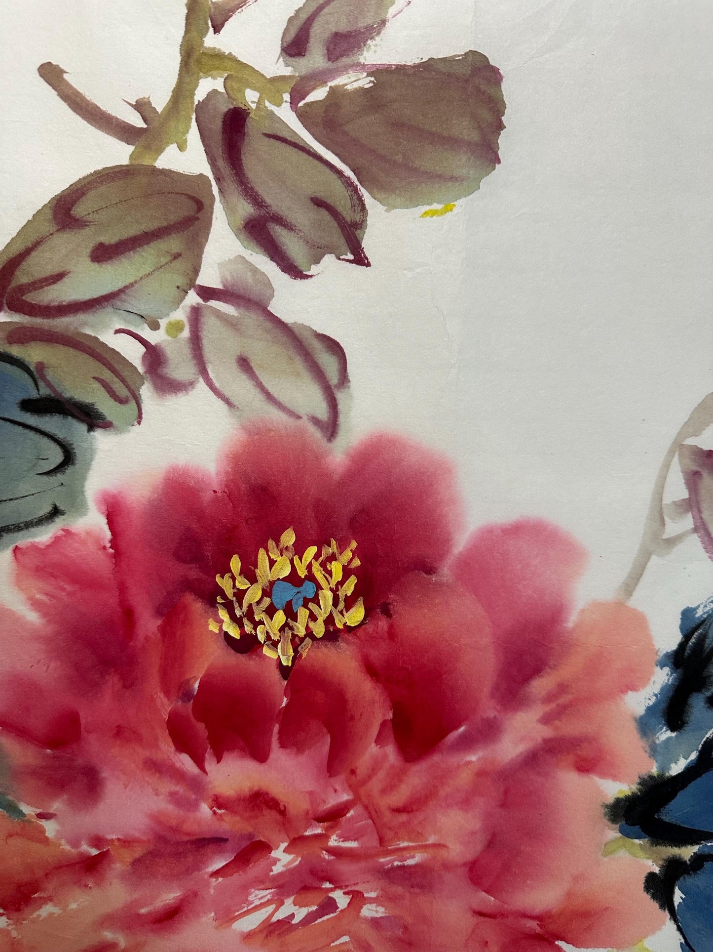 Original Chinese Peony Painting 27x13 Inch, Pink Red Peony Ink Art, Hand Painted Chinese Wall Art, Traditional Floral Painting