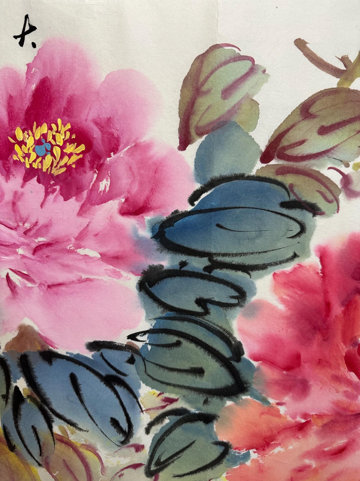Original Chinese Peony Painting 27x13 Inch, Pink Red Peony Ink Art, Hand Painted Chinese Wall Art, Traditional Floral Painting