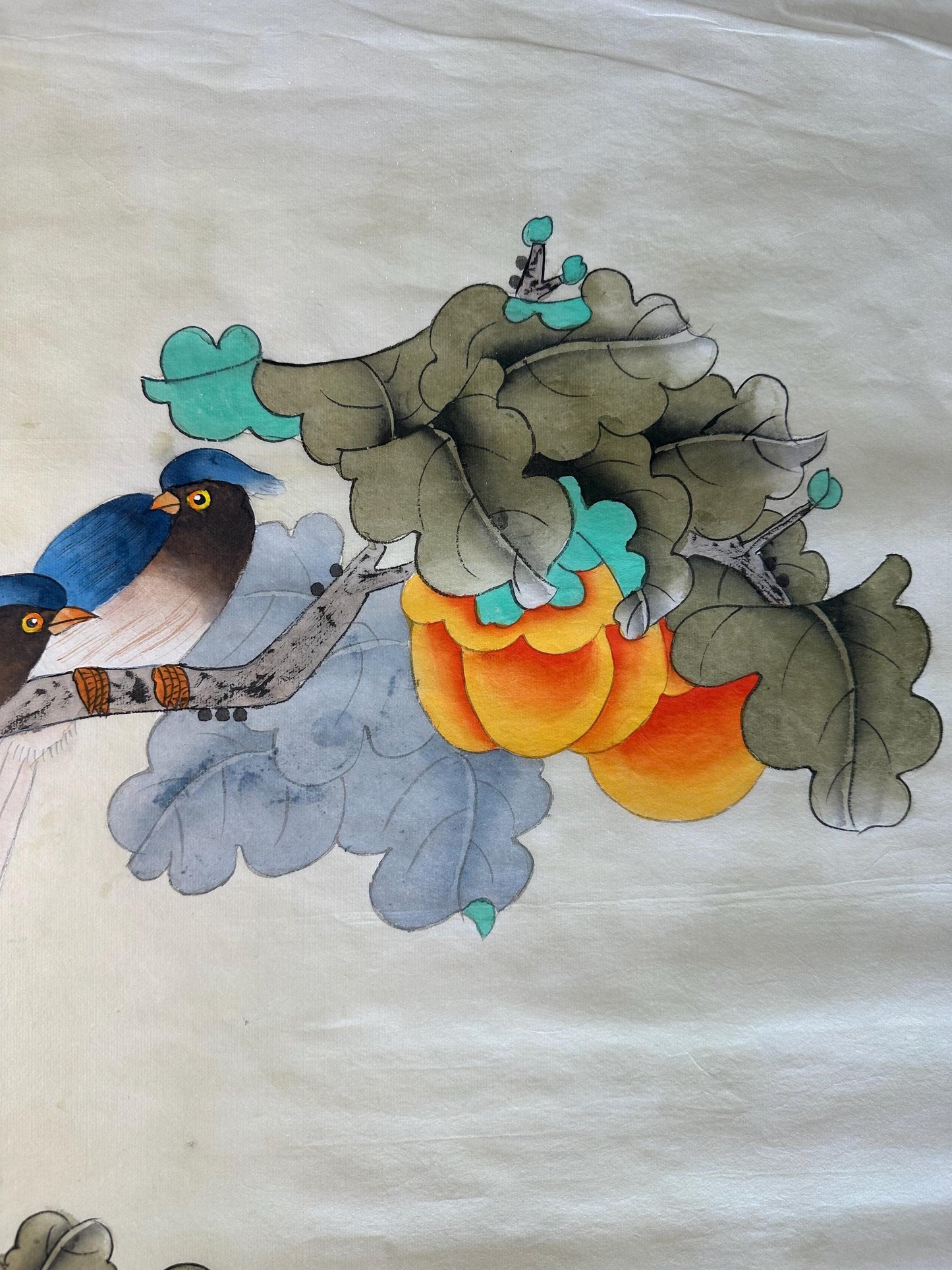 Original Chinese Gongbi Painting | Birds & Fruit | Traditional Flower and Bird Art | Hand Painted Wall Art | 26 x 26 Inches