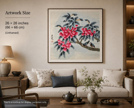 Original Chinese Gongbi Painting | Birds & Red Fruits | Traditional Hand Painted Wall Art | 26 Inch