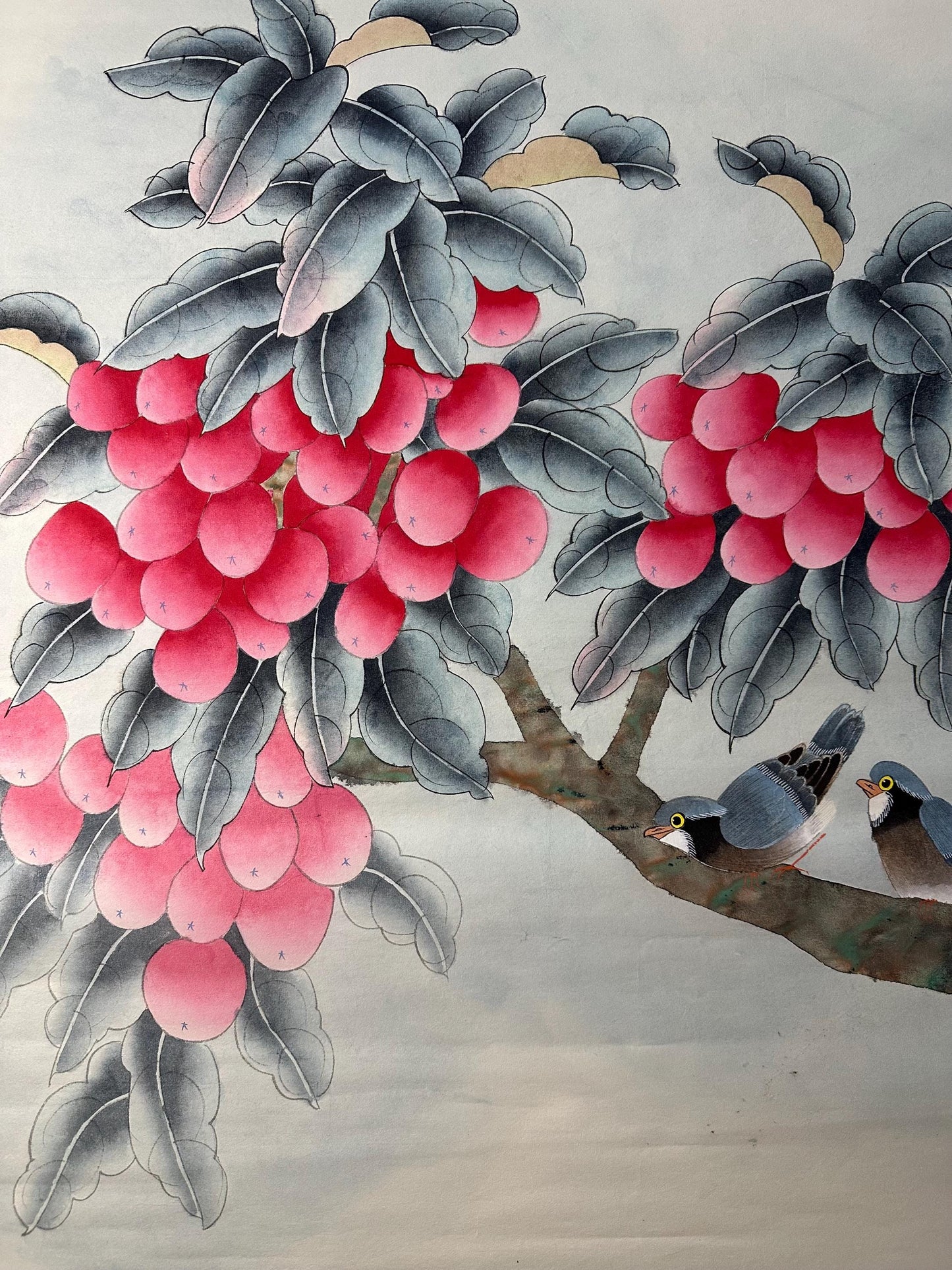 Original Chinese Gongbi Painting | Birds & Red Fruits | Traditional Hand Painted Wall Art | 26 Inch