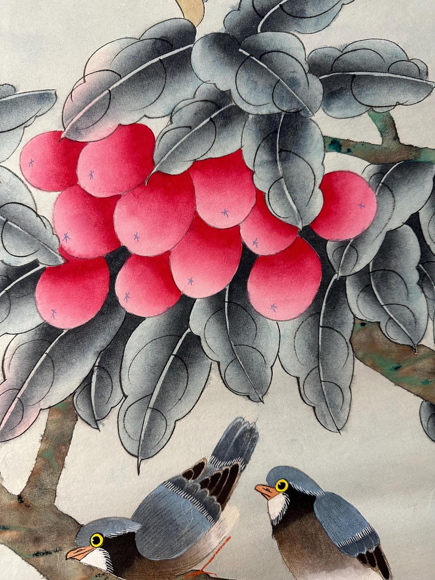 Original Chinese Gongbi Painting | Birds & Red Fruits | Traditional Hand Painted Wall Art | 26 Inch