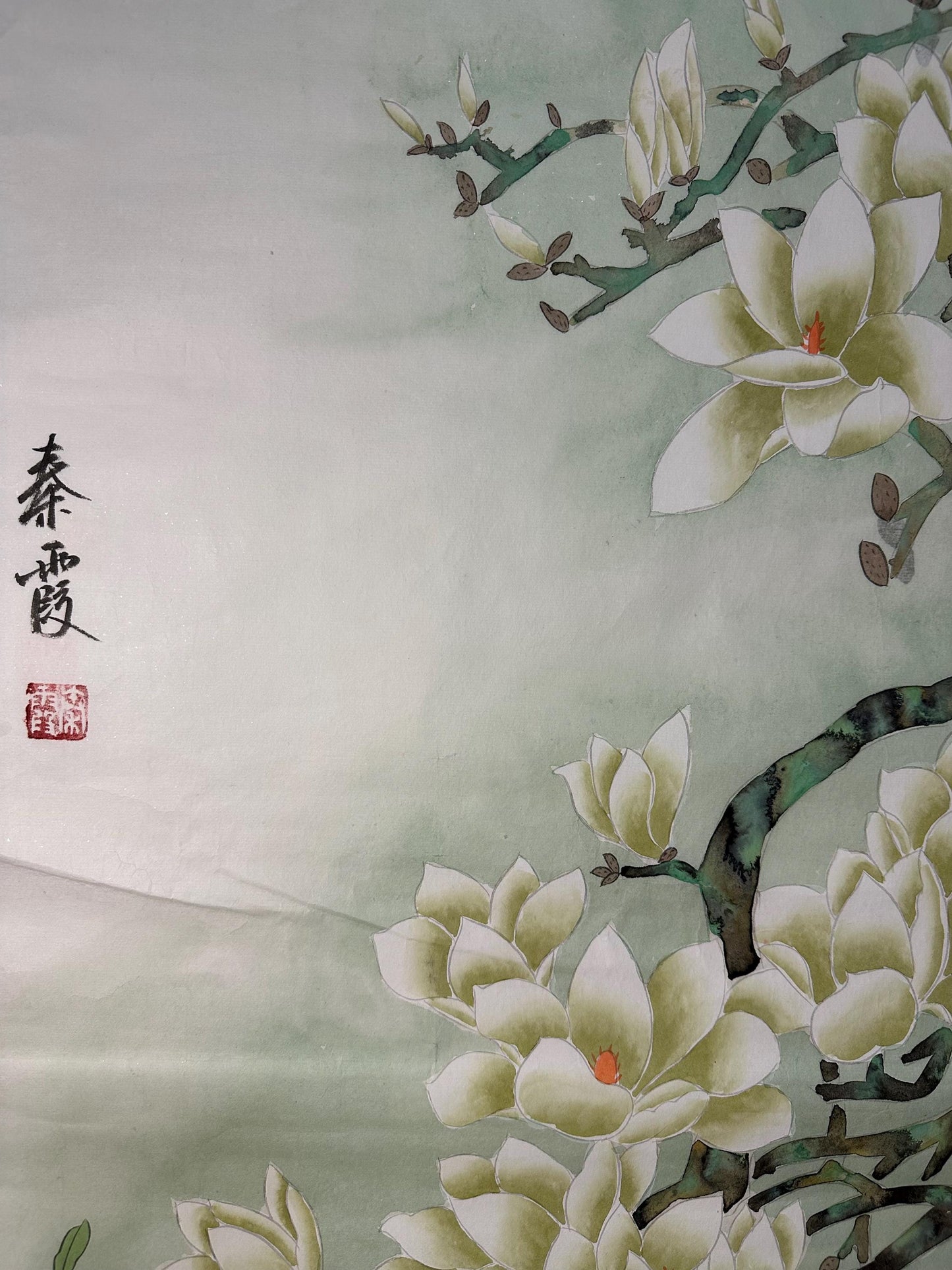 Original Chinese Gongbi Painting | Magnolia & Birds | Hand Painted Asian Wall Art | 26 Inches