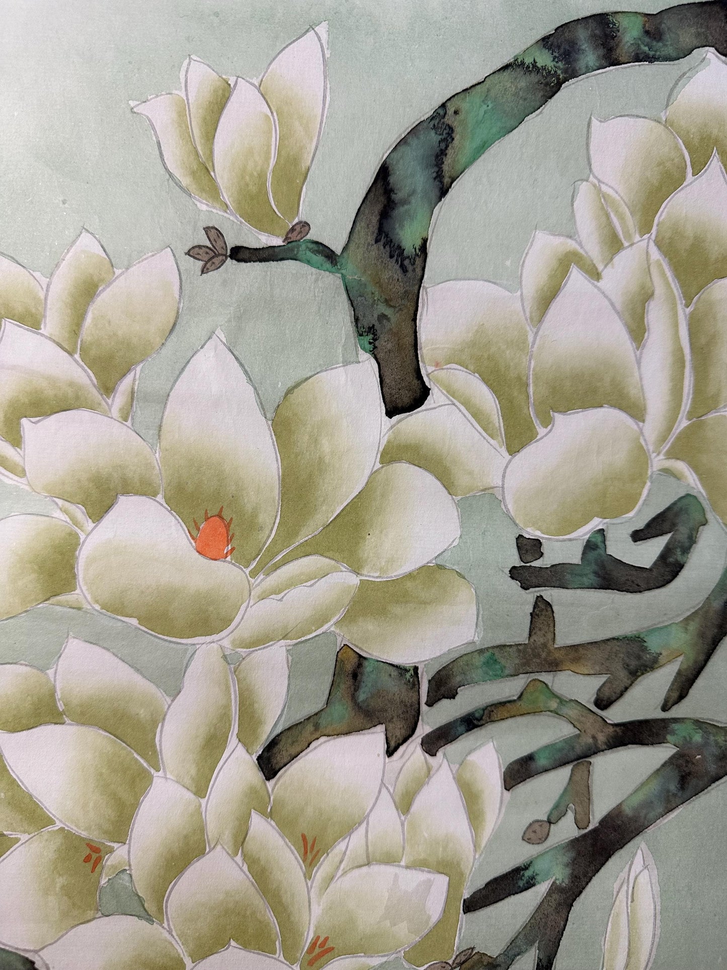 Original Chinese Gongbi Painting | Magnolia & Birds | Hand Painted Asian Wall Art | 26 Inches