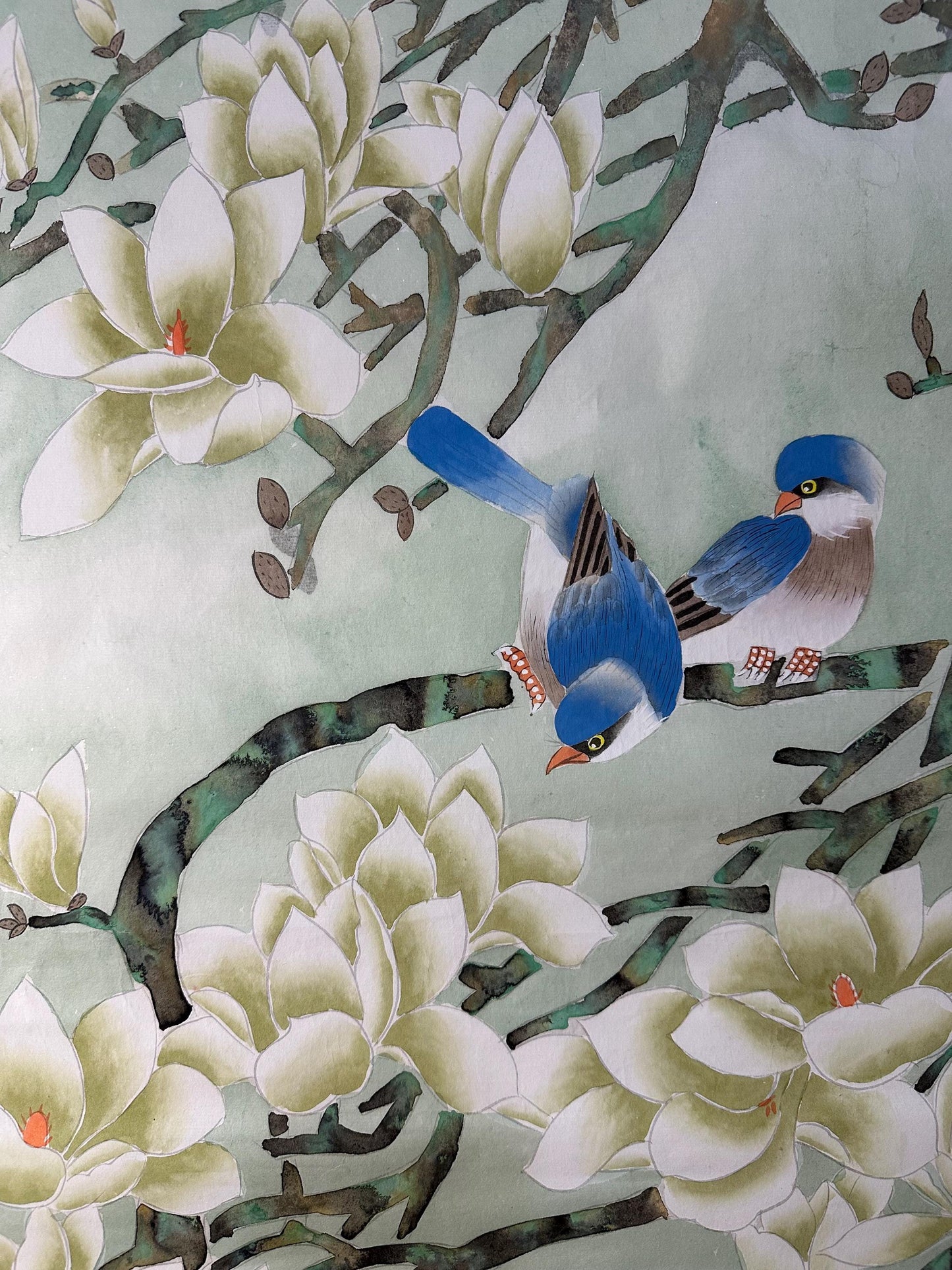 Original Chinese Gongbi Painting | Magnolia & Birds | Hand Painted Asian Wall Art | 26 Inches